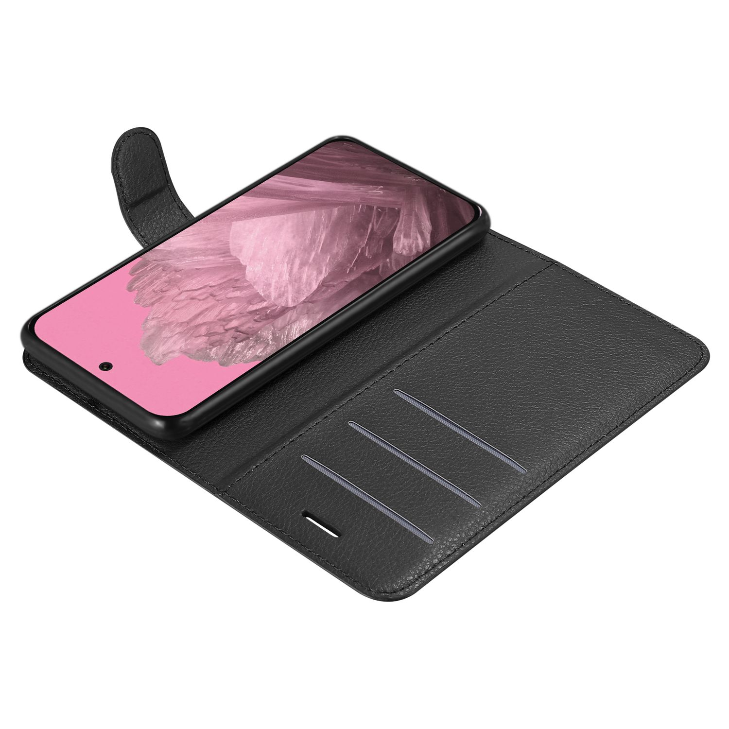 Schwarzes Telefon in schwarzer Lederhülle mit Kartenfächern, geöffnet, um einen rosa Bildschirm zu zeigen.