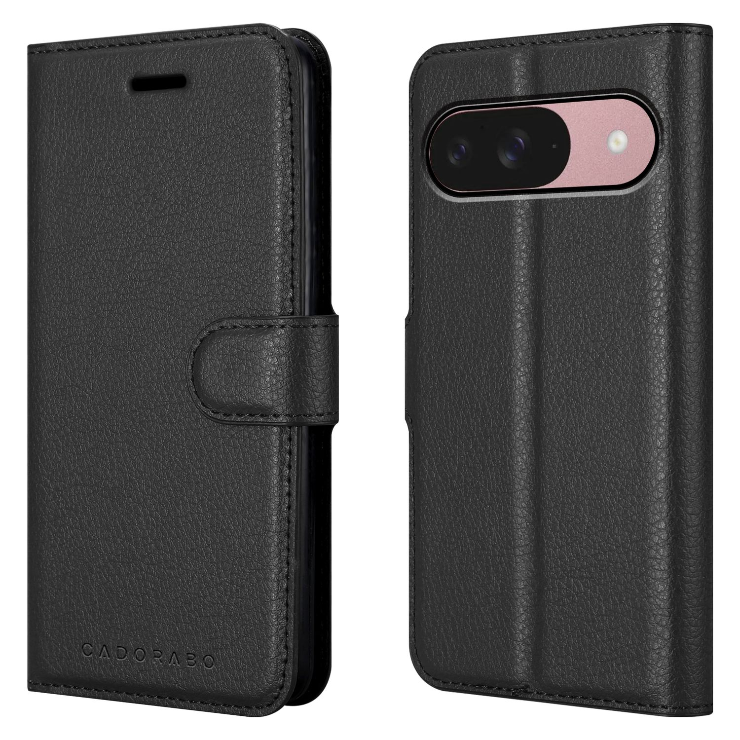 Eine schwarze Leder-Handyhülle, links geschlossen und rechts geöffnet mit Telefon und Kamera.