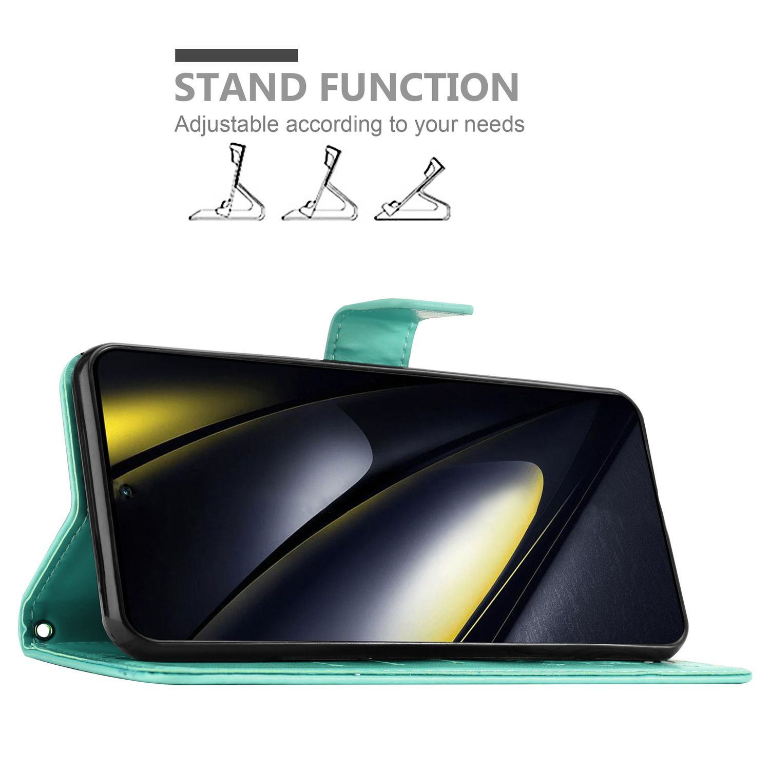 Türkisfarbene Handyhülle offen, zeigt das Telefon, mit verstellbarer Standfunktion.