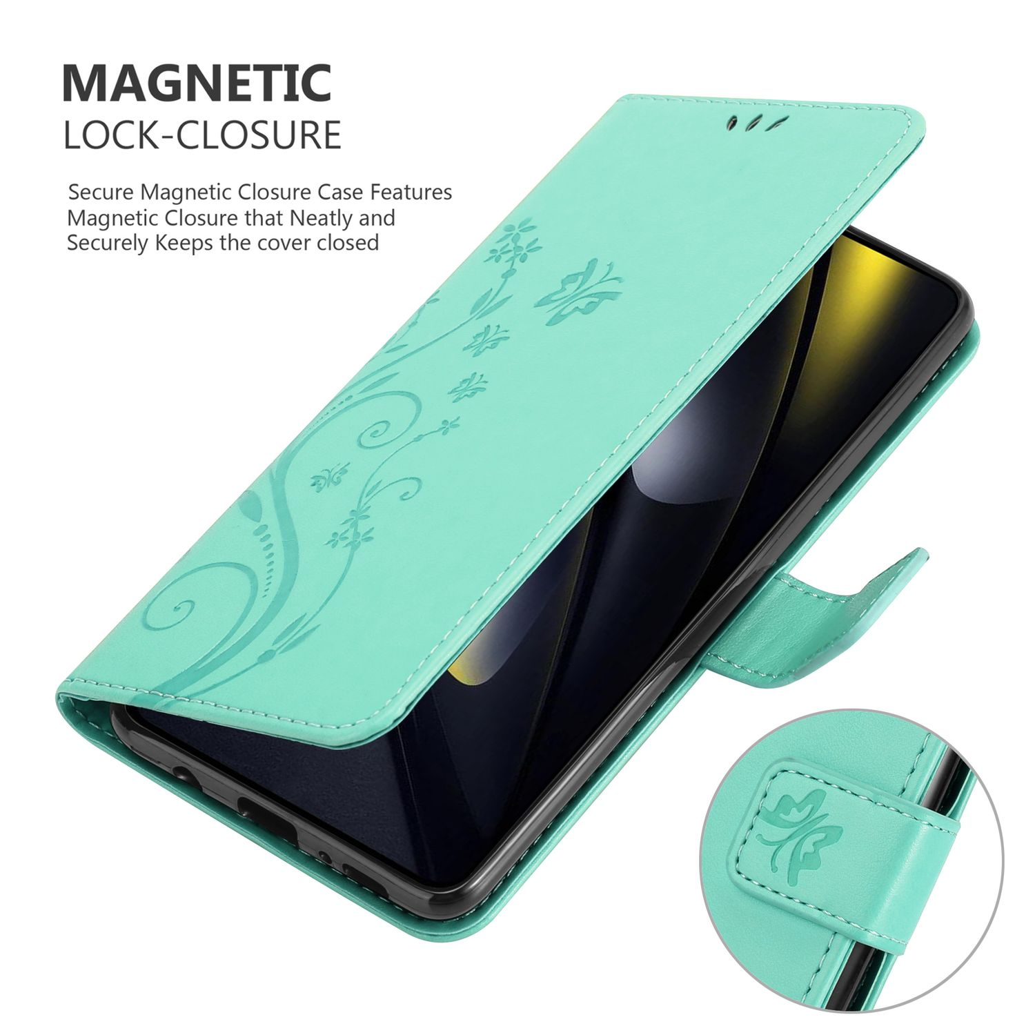 Eine türkisene Handyhülle, offen, ein Handy zeigend. Dekoratives Blumenmuster. Magnetverschluss wird gezeigt.