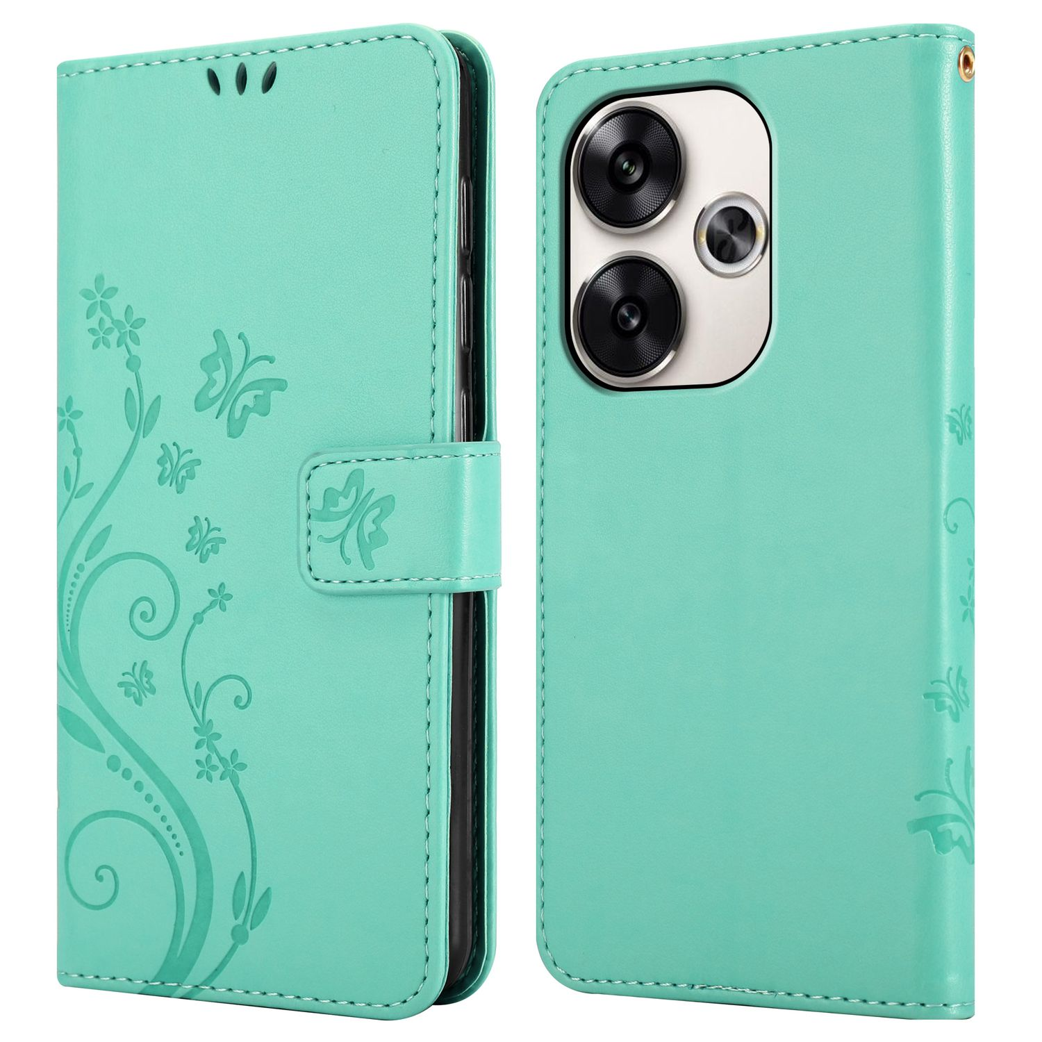 Eine türkisgrüne Handyhülle mit Schmetterlingsdesign, offen, das Telefon zeigend.