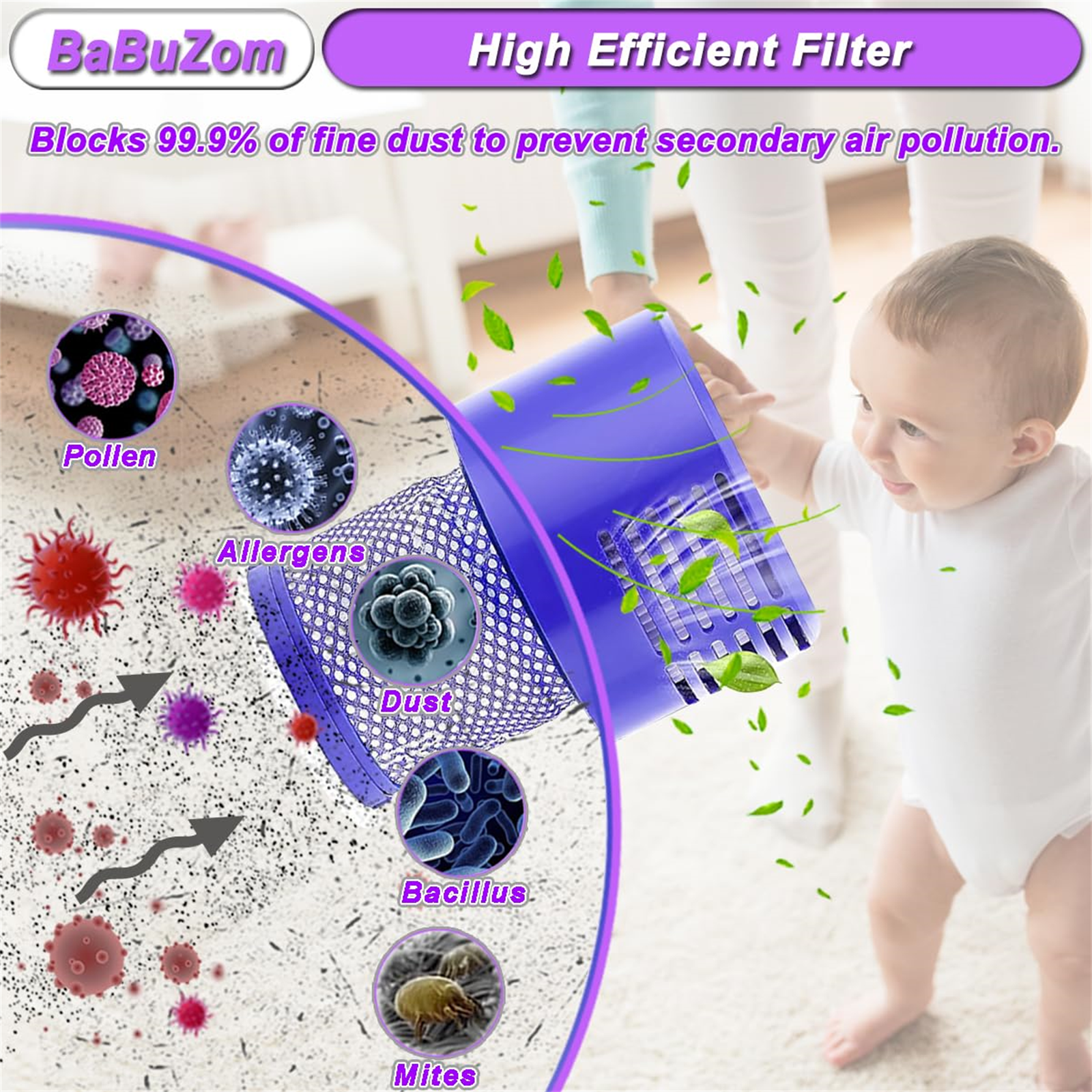 Baby, Filter mit Staub und Keimen. Text: Hocheffizienter Filter. Blockiert Feinstaub, um Umweltverschmutzung zu verhindern.