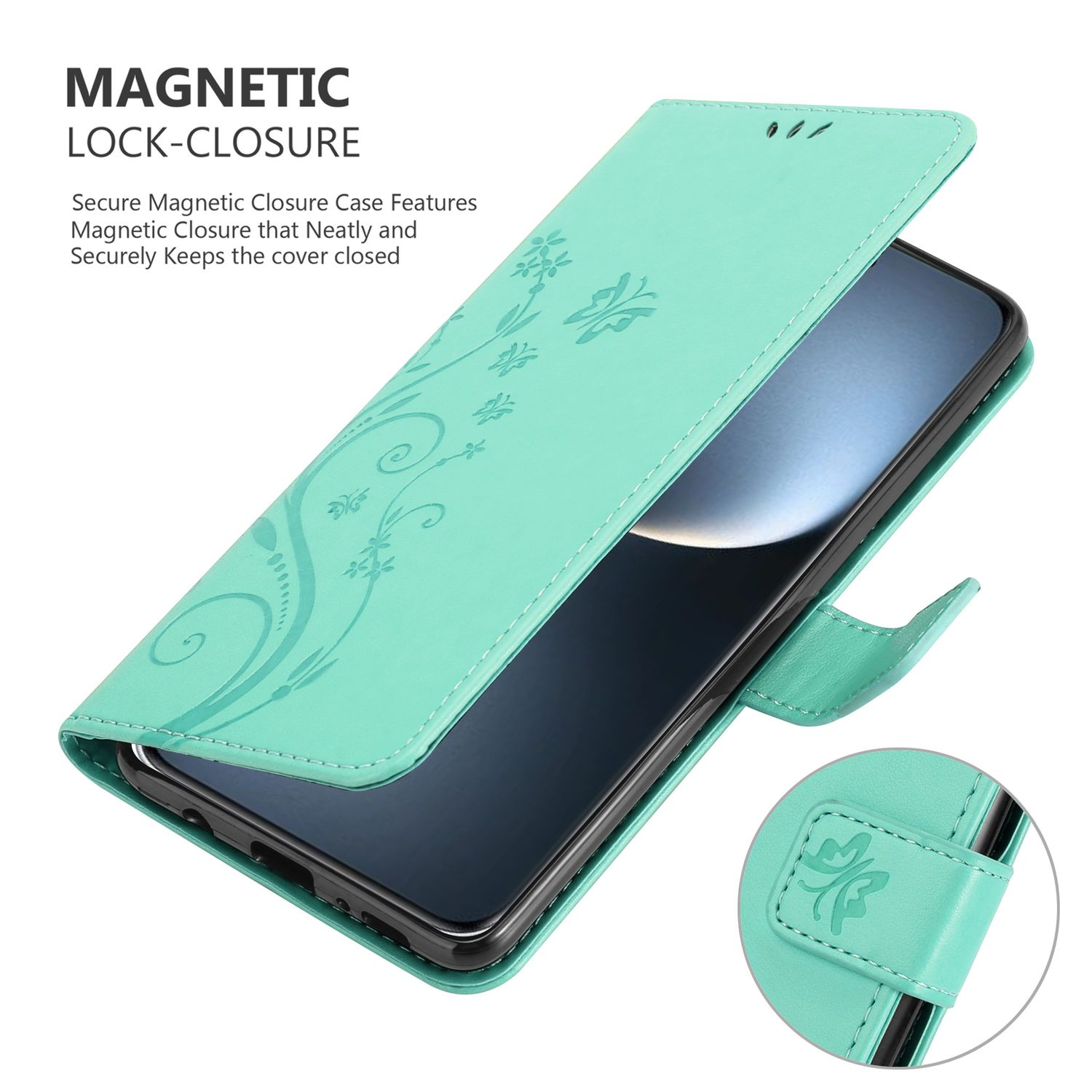 Minzgrüne Handyhülle, offen, florales Design. Magnetverschluss und Telefon sichtbar.