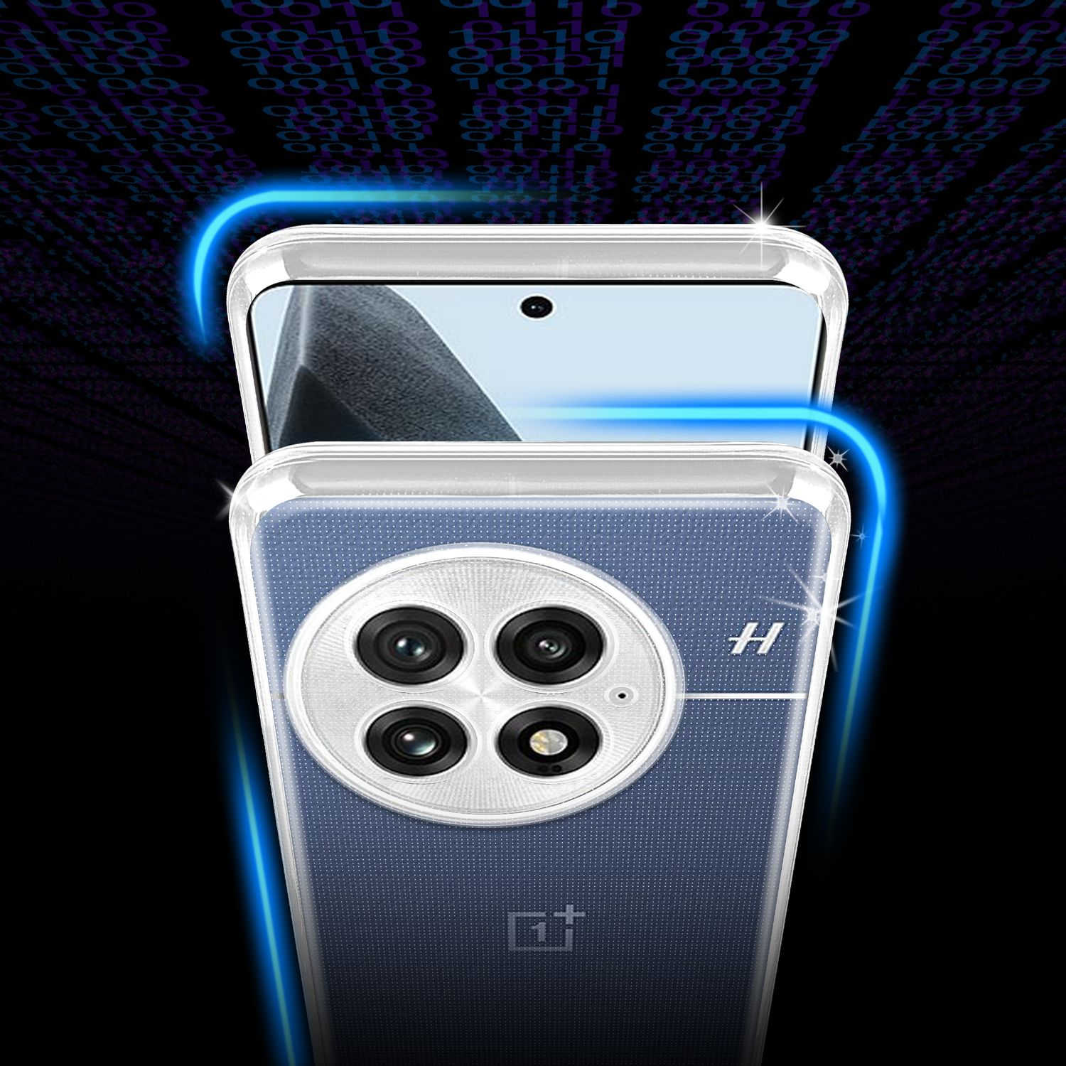 Ein Telefon mit einer transparenten Hülle, das den Bildschirm zeigt. Der Hintergrund ist dunkel und hat Binärcode.
