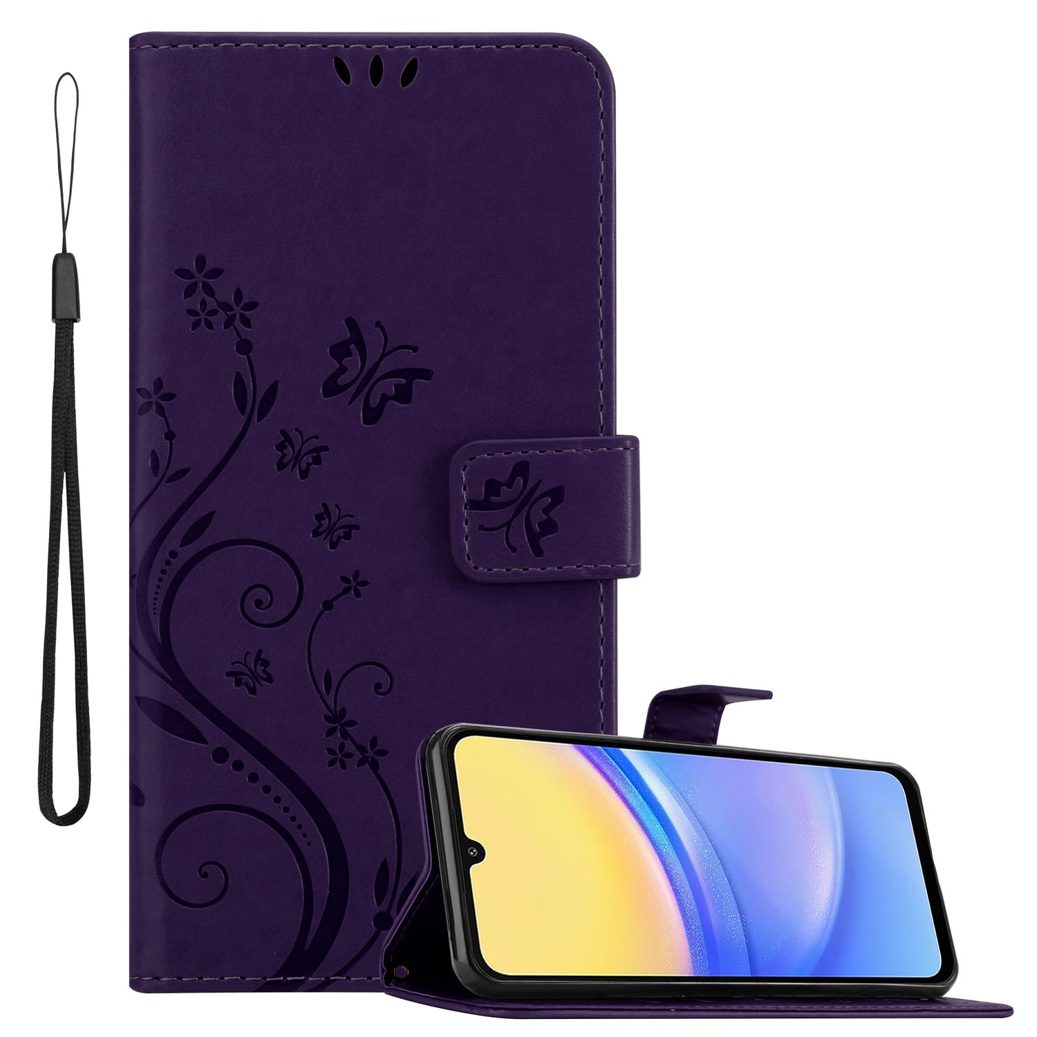 Lila Handyhülle mit Telefon darin. Die Hülle hat ein Blumenmuster und einen Riemen. Das Telefon zeigt eine Oberfläche.