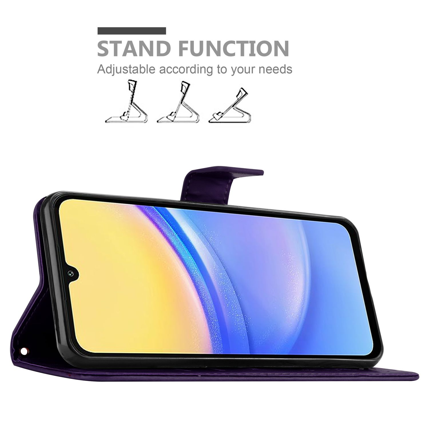 Lila Handyhülle mit Telefon. Text: Standfunktion. Drei Standpositions-Symbole sind über dem Telefon.