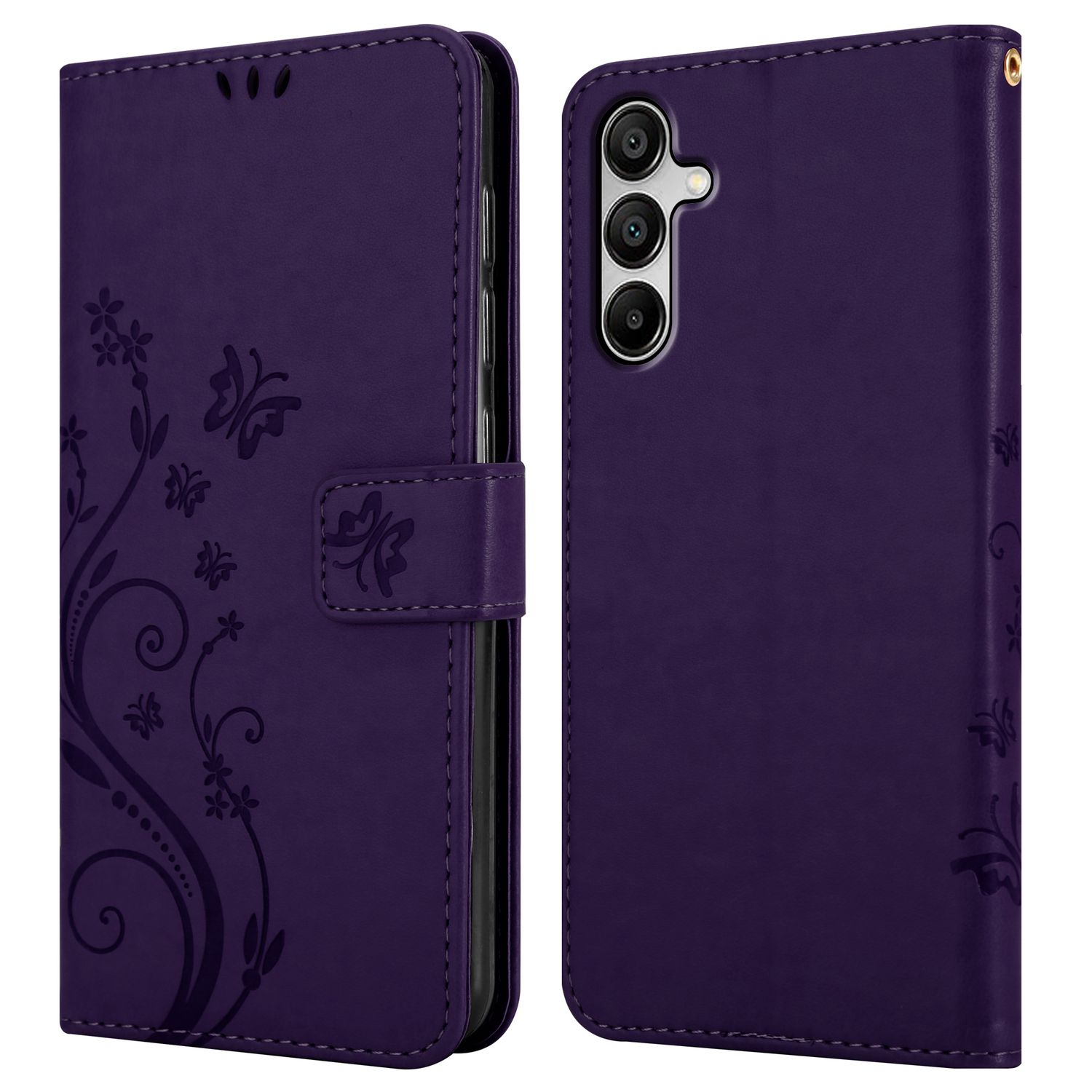 Lila Handyhülle mit Blumendesign und einem Telefon darin. Magnetischer Verschluss.