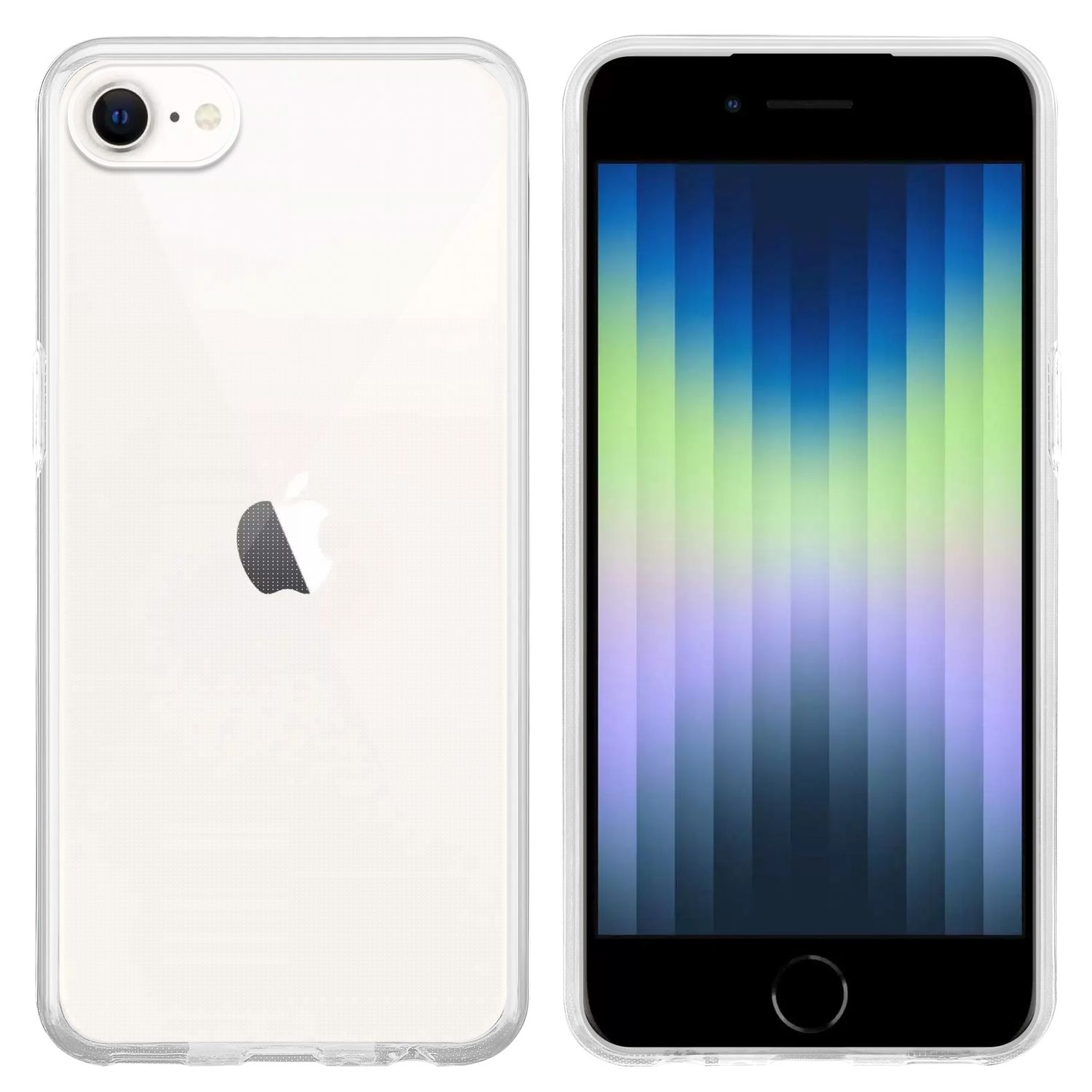 Zwei Bilder einer weißen Handyhülle. Eines zeigt die Rückseite mit Apple-Logo, das andere die Vorderseite.