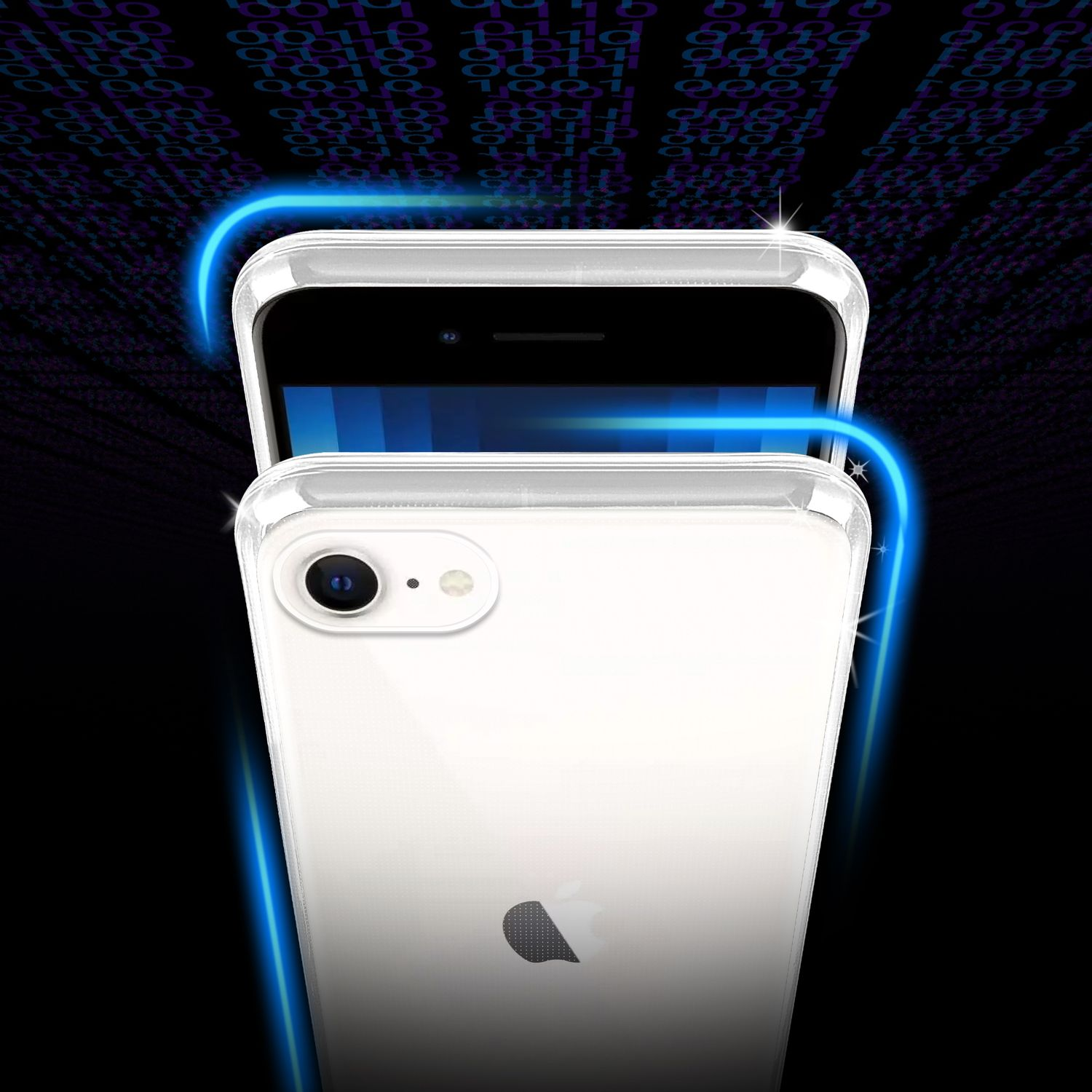 Weißes Telefon in klarer Hülle, blaue Datenleitungen, schwarzer Hintergrund.