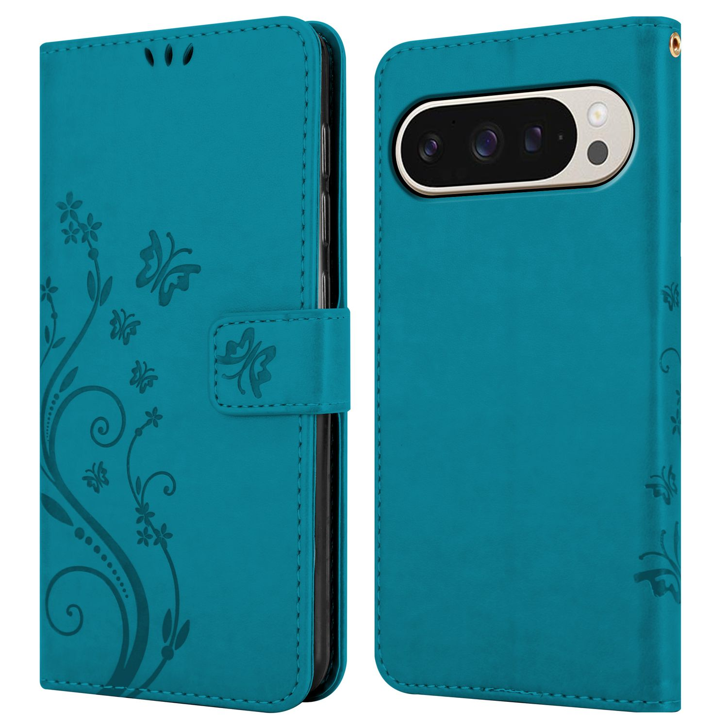 Eine türkisfarbene Handyhülle, geschlossen und offen, mit Blumendesigns auf der Vorderseite. Es ist eine Brieftaschenhülle.