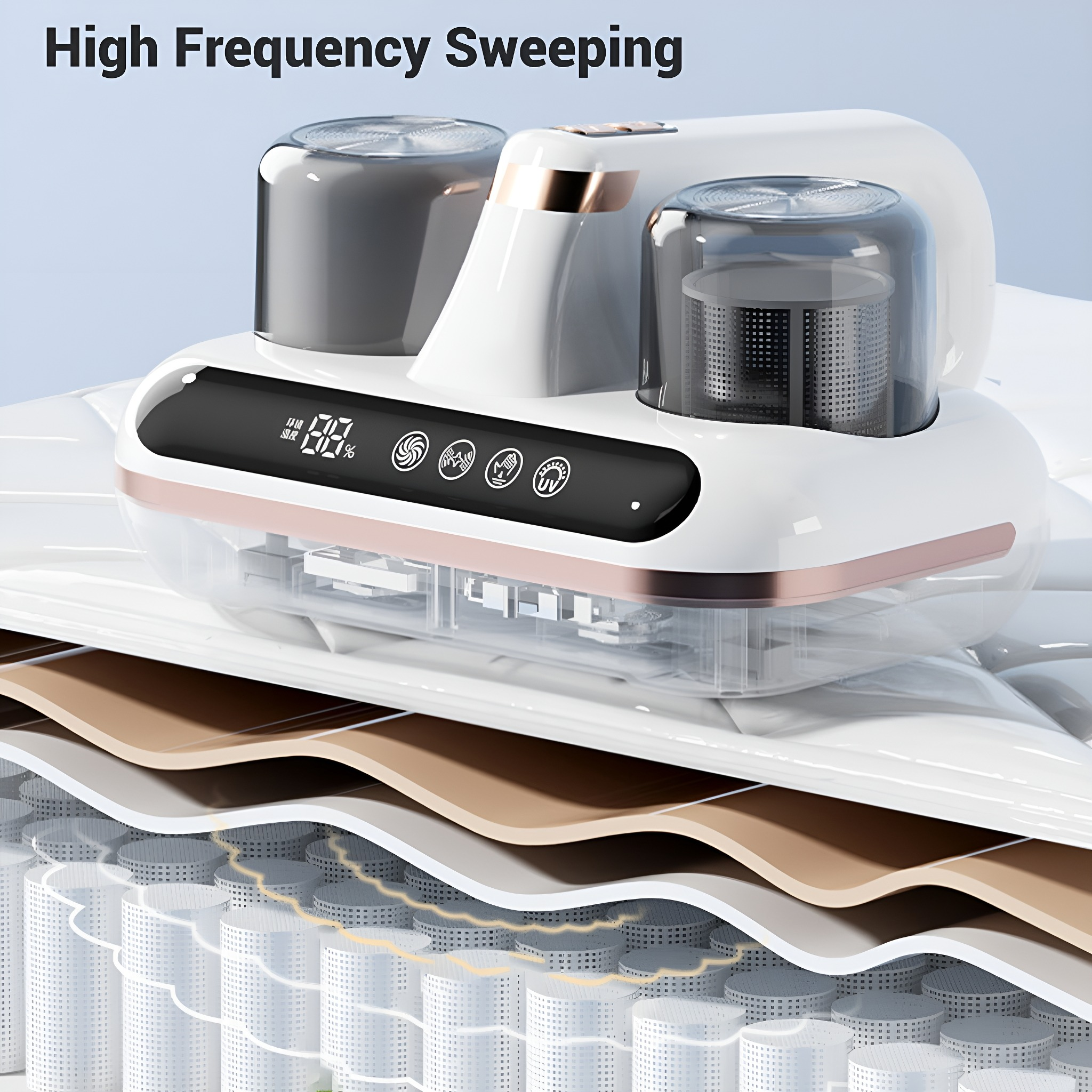 Luftentfeuchter reinigt eine Matratze. Es ist weiß mit goldenen Details. High Frequency Sweeping wird beworben.