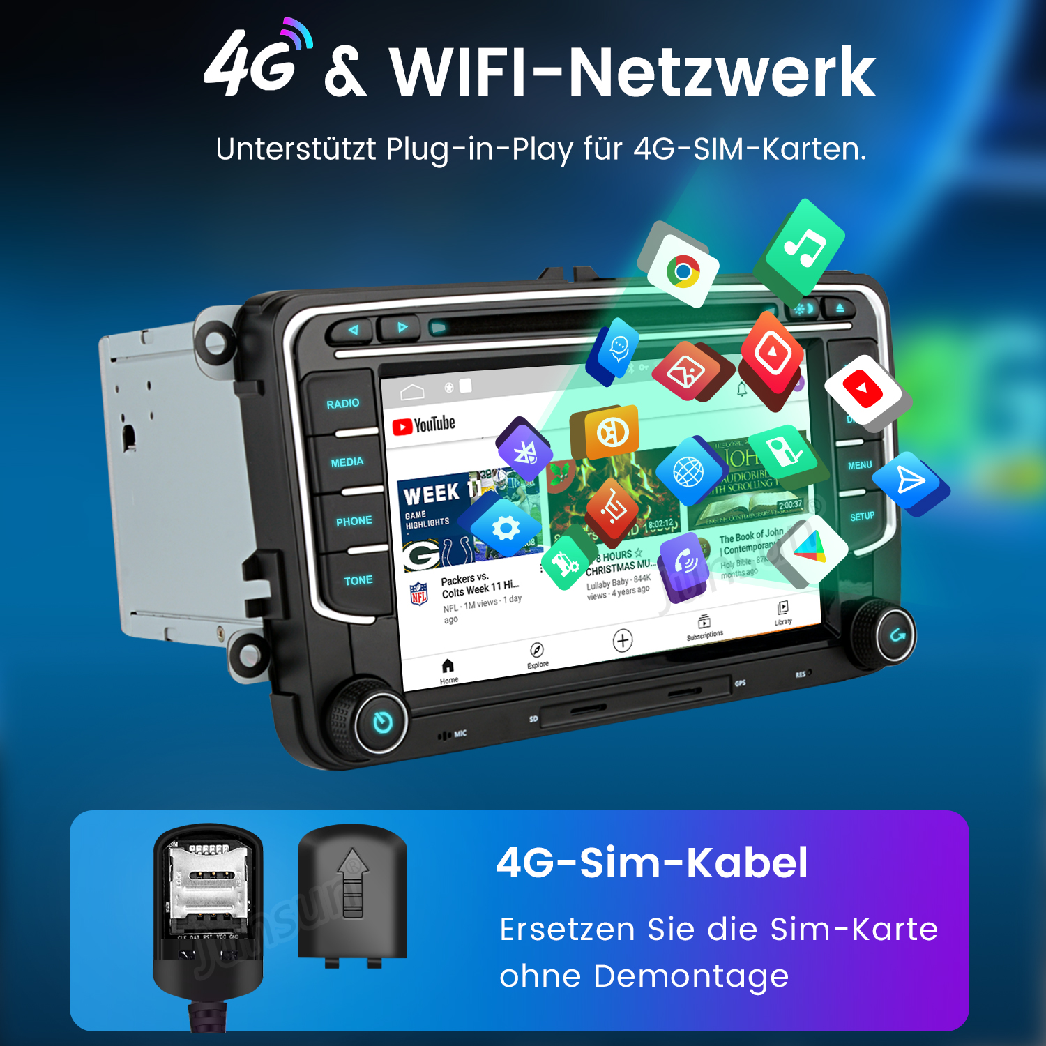 Autoradio mit Bildschirm, der Apps anzeigt. Ein 4G-SIM-Kabel wird darunter angezeigt.
