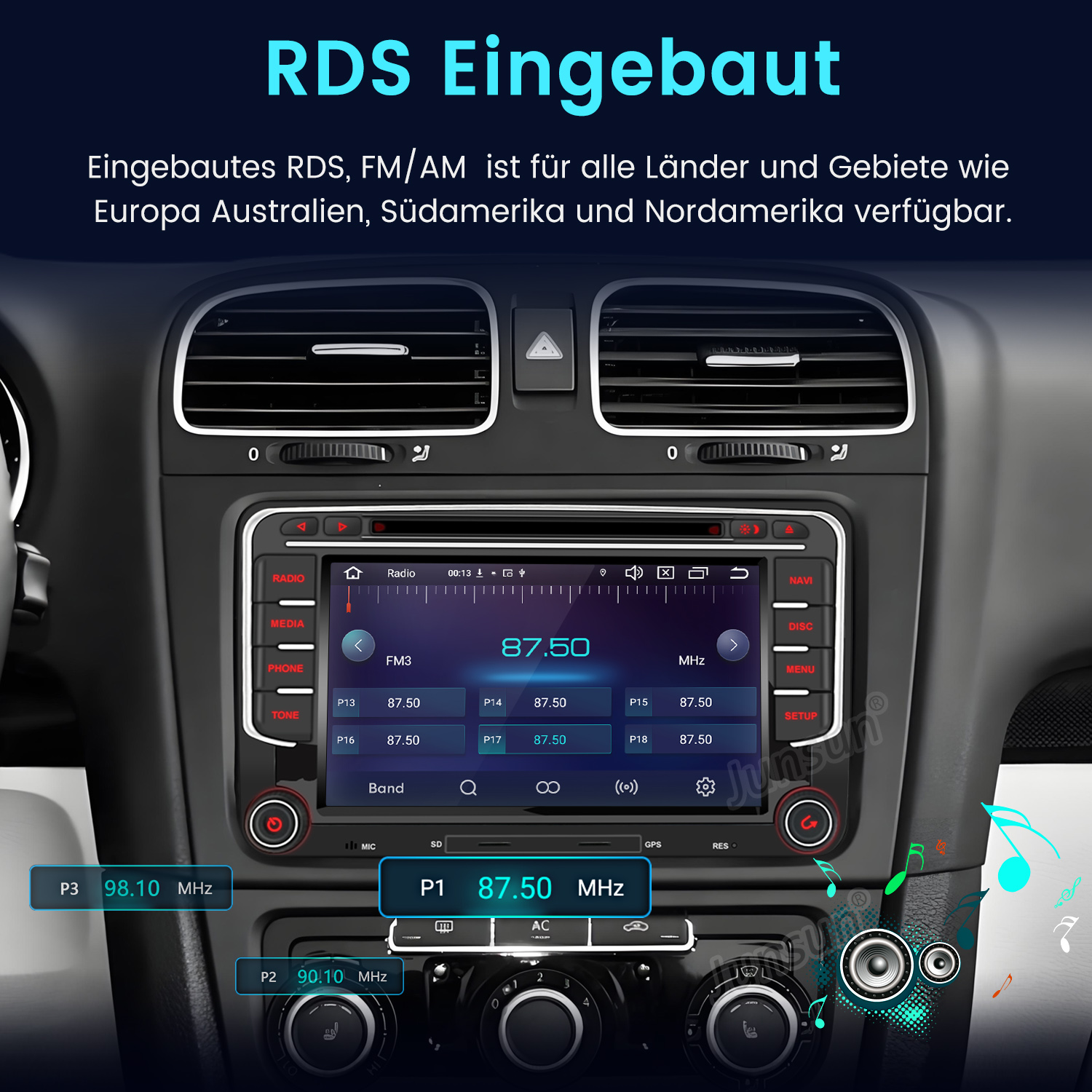 Autoradio mit Bildschirm, der Radiofrequenz und Knöpfe anzeigt.
