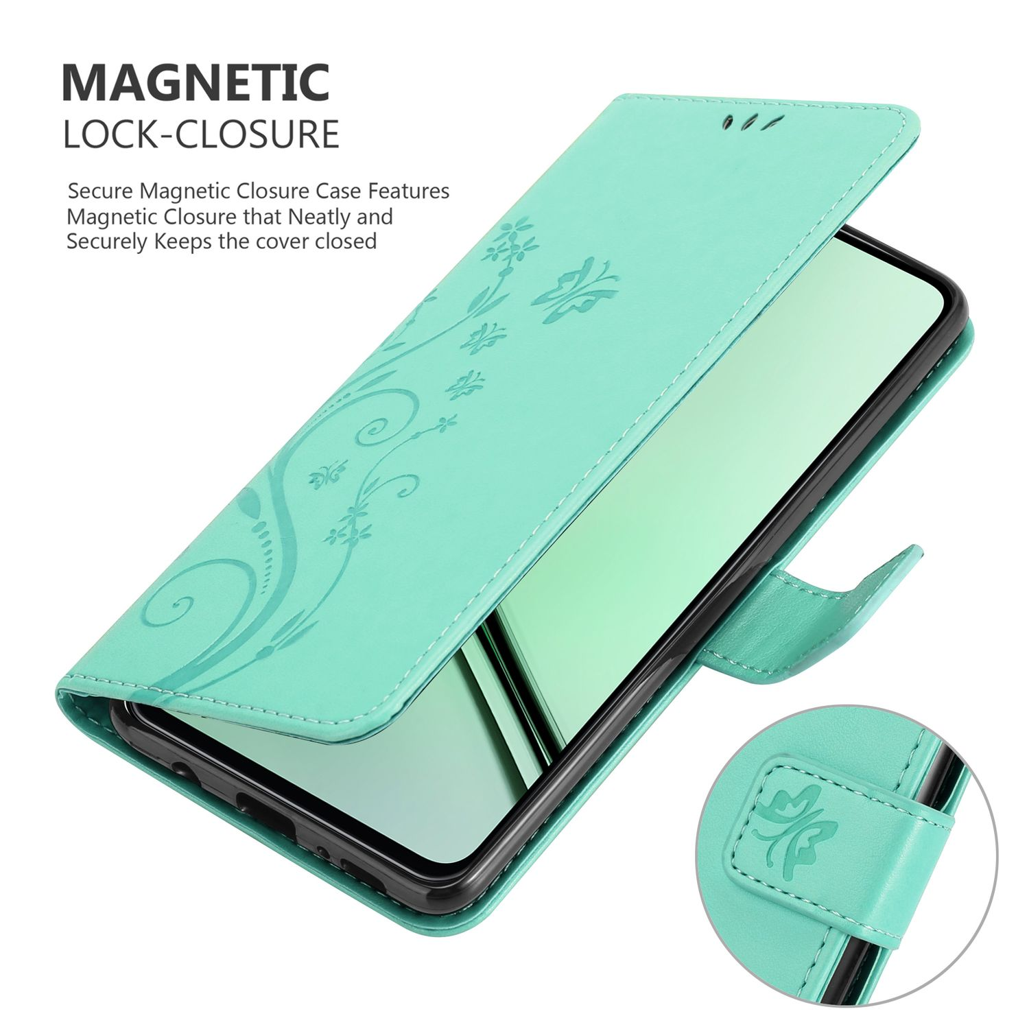Eine türkisblaue Handyhülle mit floralem Design, geöffnet, um den Telefonbildschirm freizulegen.