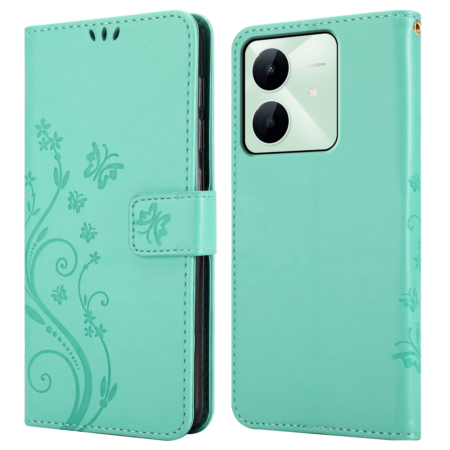 Türkisfarbene Handyhülle, offen. Telefon innen. Blumenmuster auf der Vorderseite geprägt.