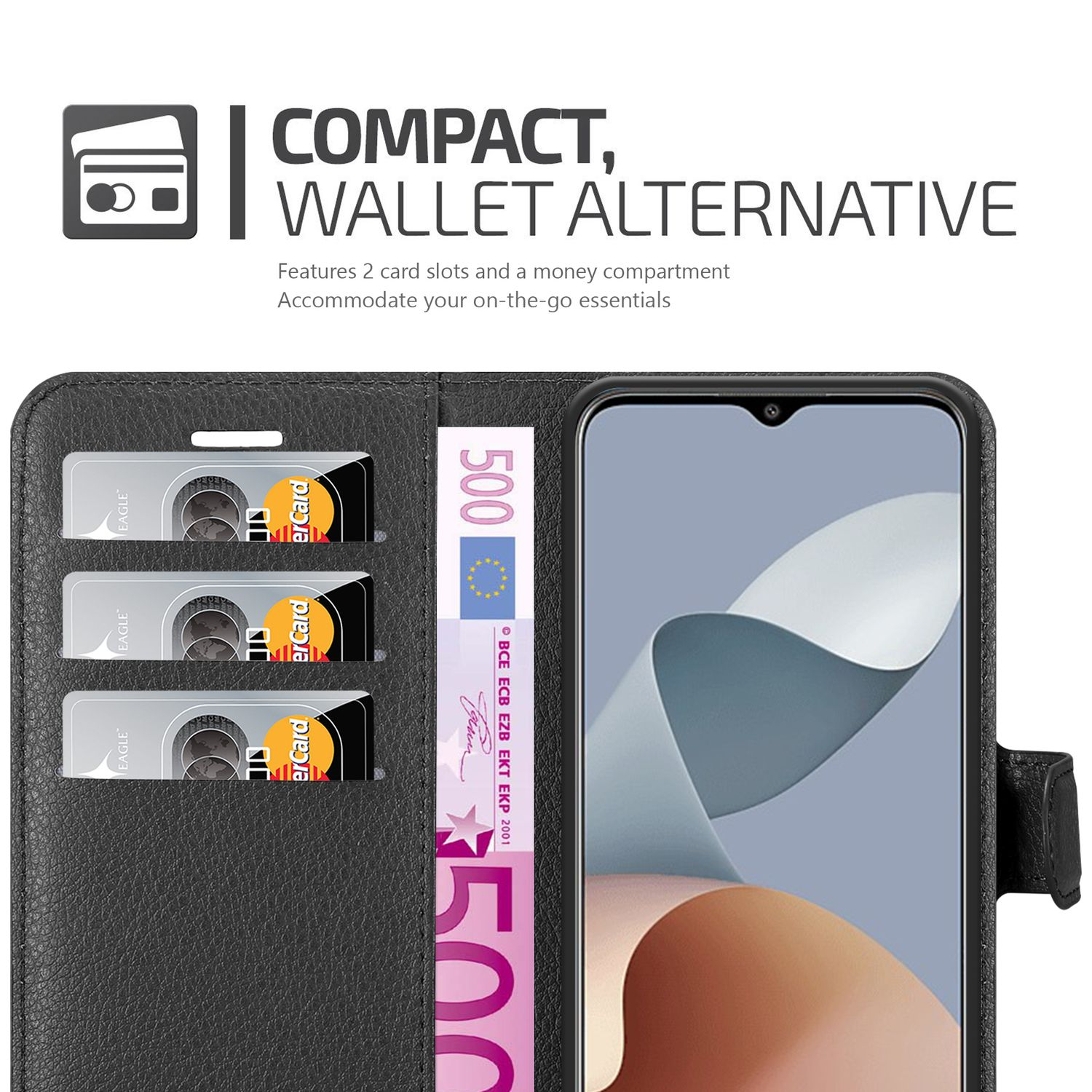 Schwarzes Handy-Geldbörsenetui mit Karten und Geld. Telefon rechts.