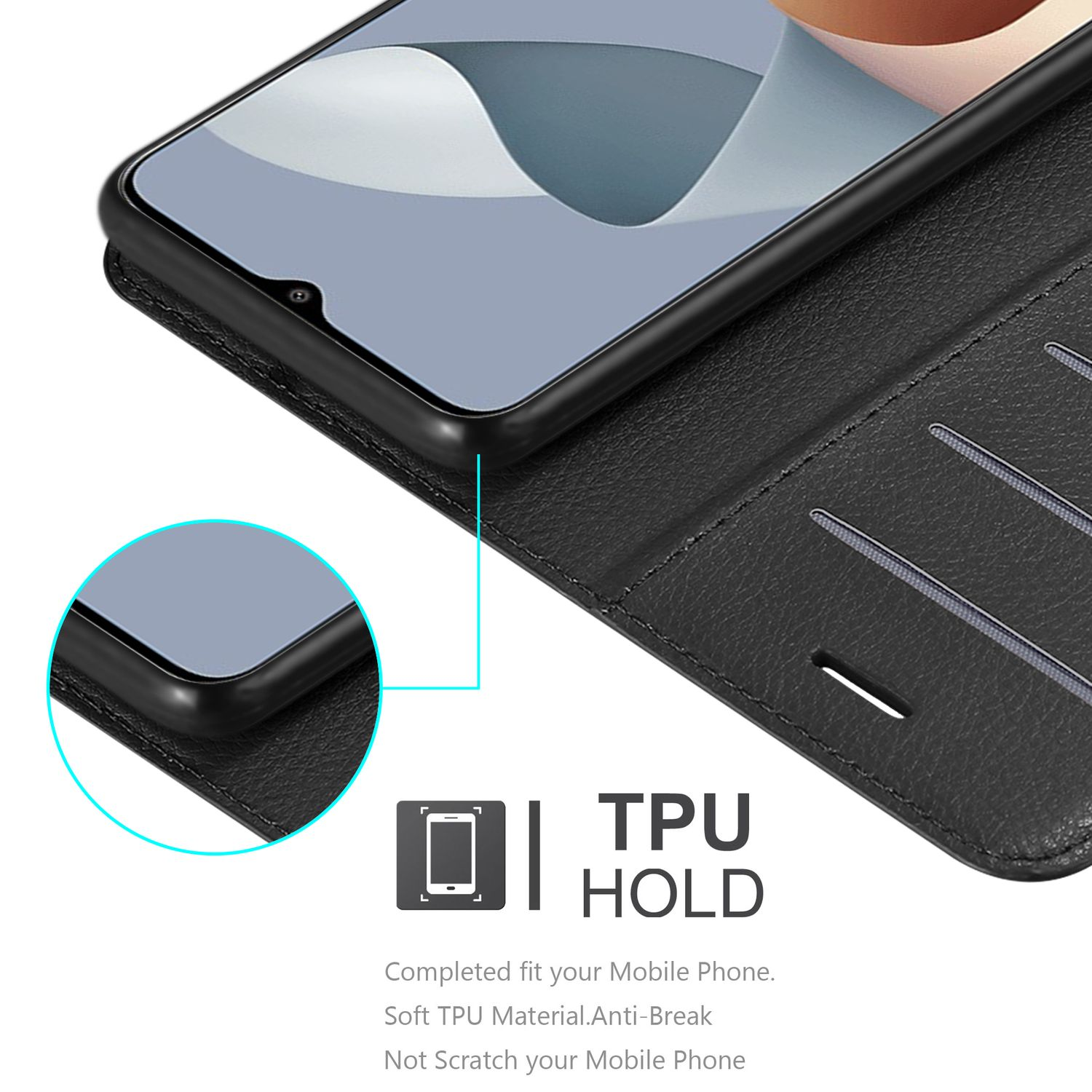 Schwarze Handyhülle mit Telefon. Der TPU-Halter ist hervorgehoben und passt perfekt zum Mobiltelefon, bruchsicher.