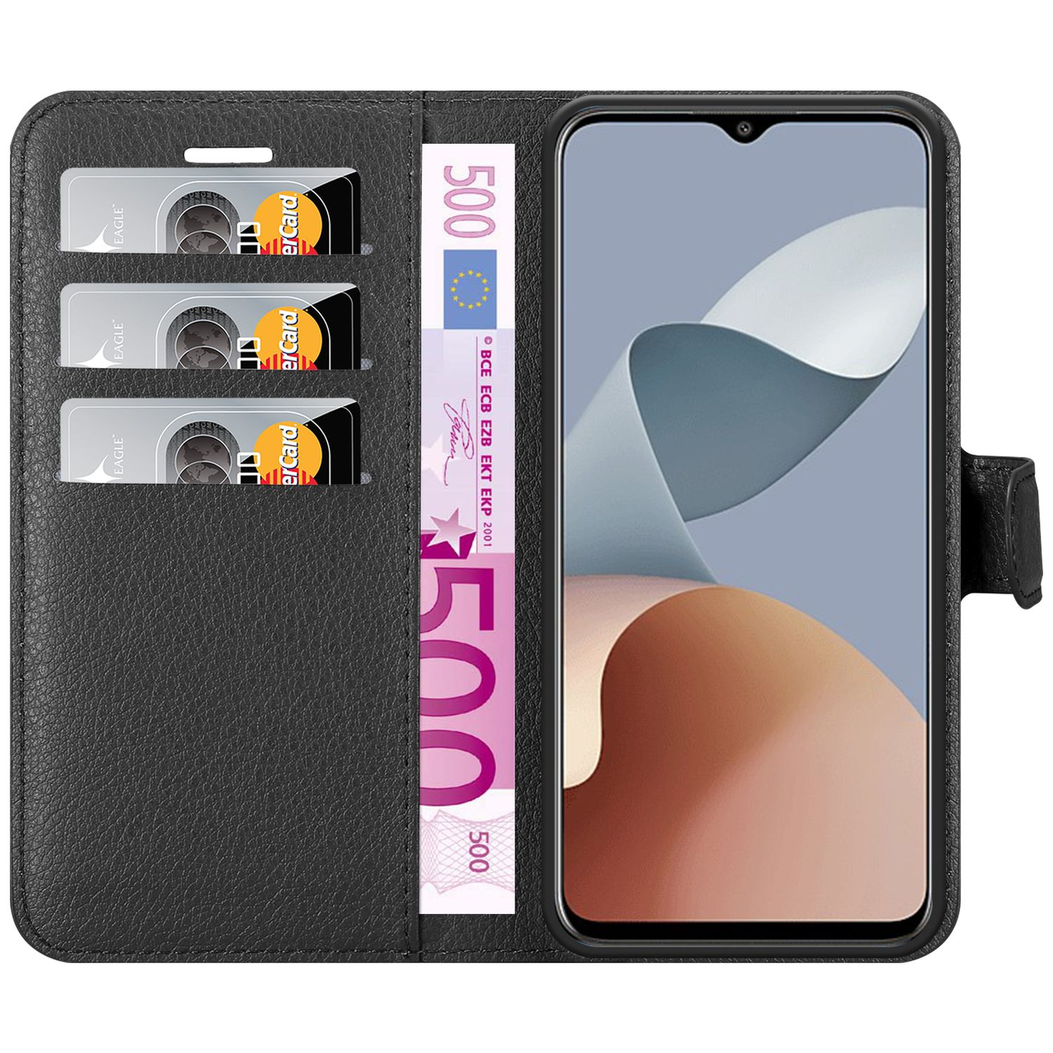 Schwarze Handy-Brieftasche geöffnet, Telefon innen. Karten, Geld innen. Schwarzes Brieftaschendesign.