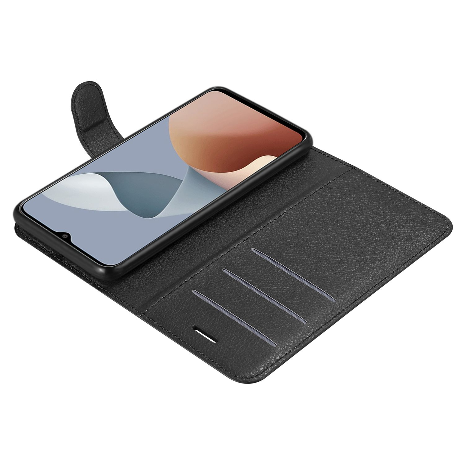 Geöffnete schwarze Handyhülle mit einem Telefon darin. Zeigt Steckplätze für Karten.