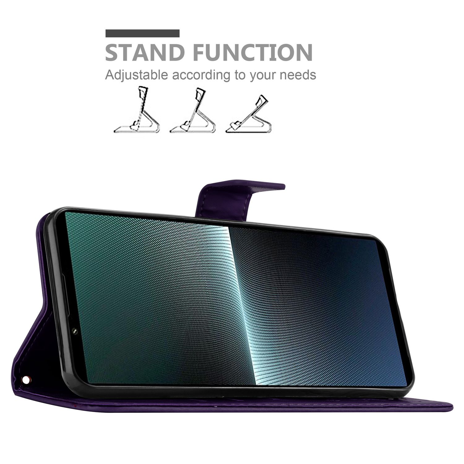 Ein Telefon in einer lila Handyhülle. Die Hülle ist offen, und das Telefon wird im Standmodus angezeigt.