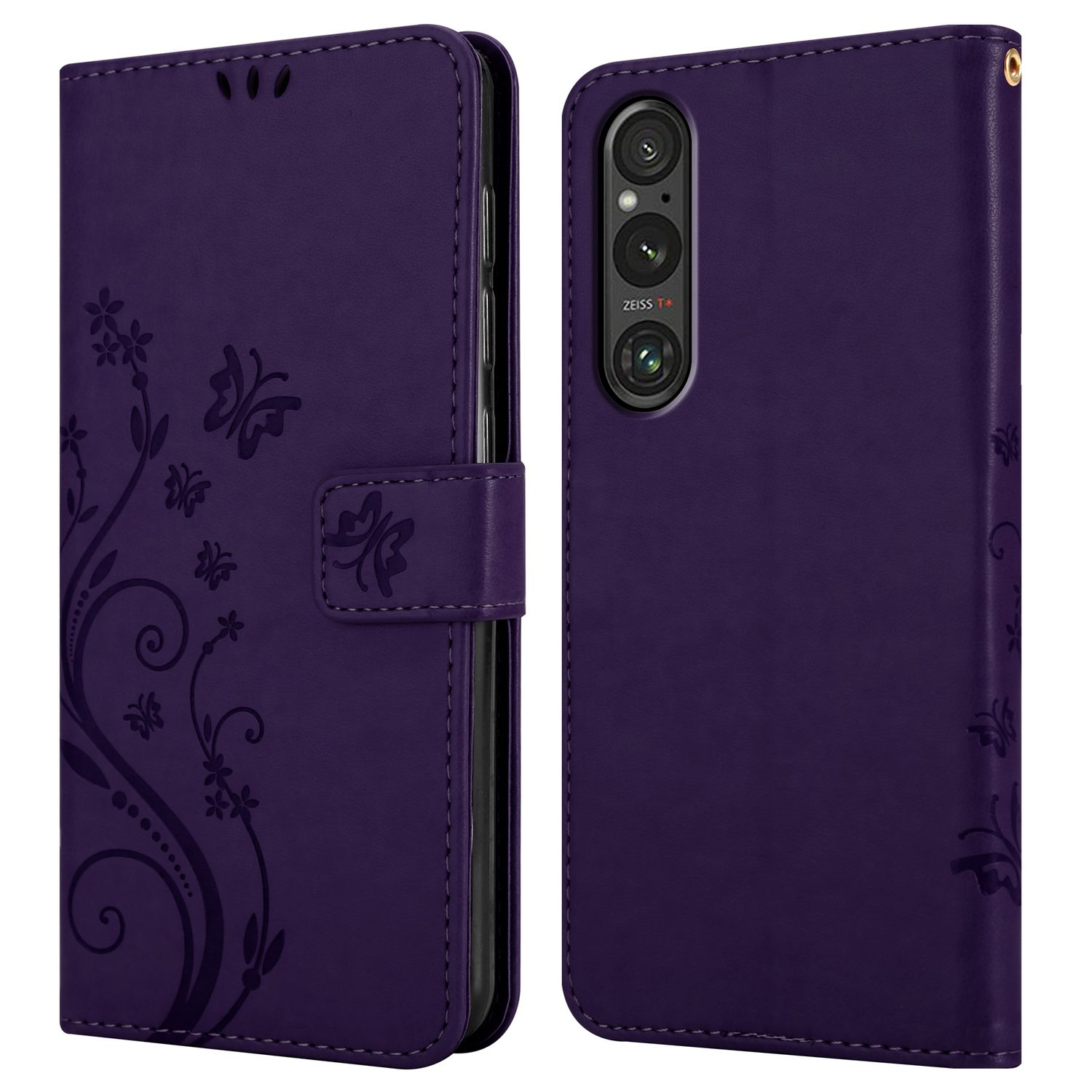 Eine lila Handyhülle mit floralem Design. Sie ist offen und zeigt die Innenseite und ein Telefon.