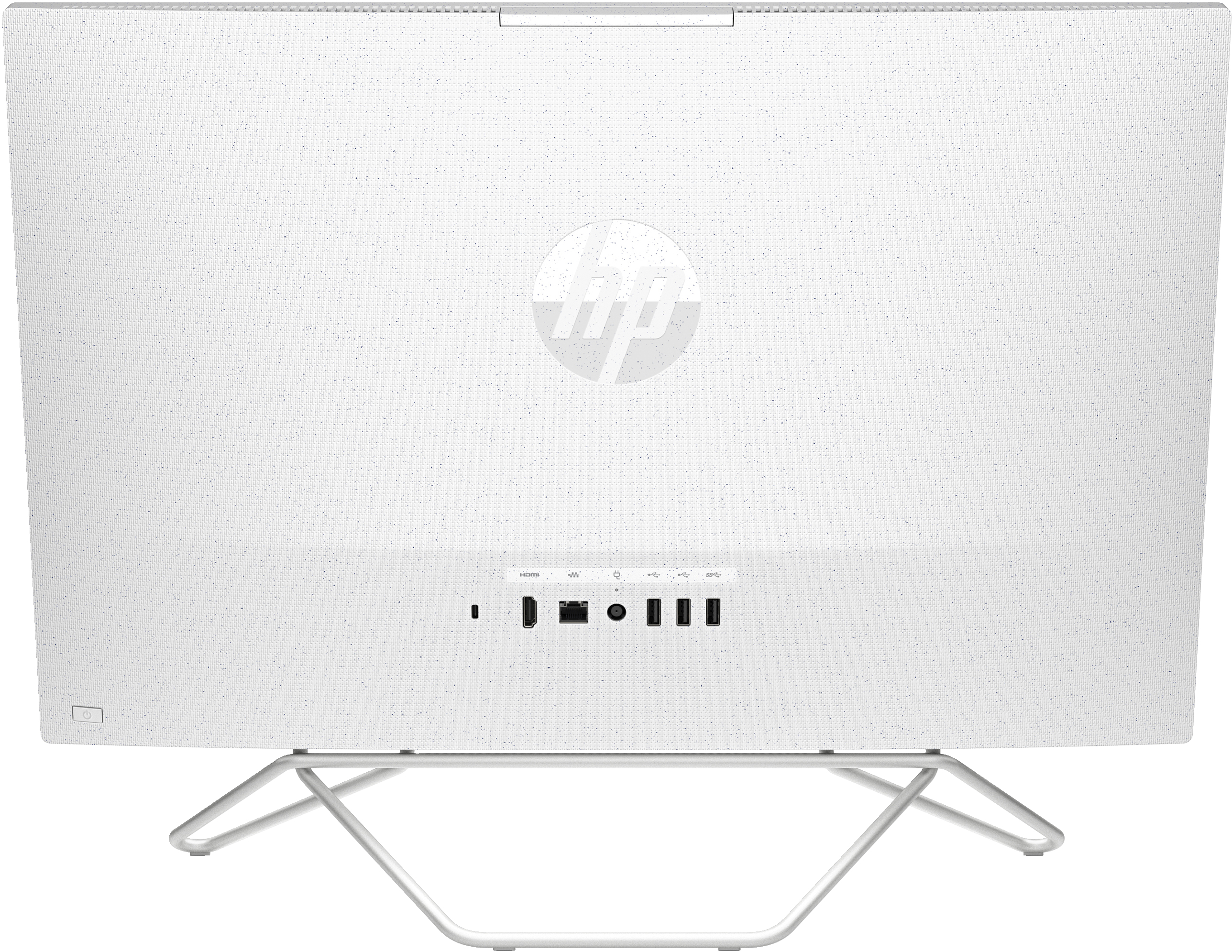 Tył białego komputera stacjonarnego z portami i logo HP.