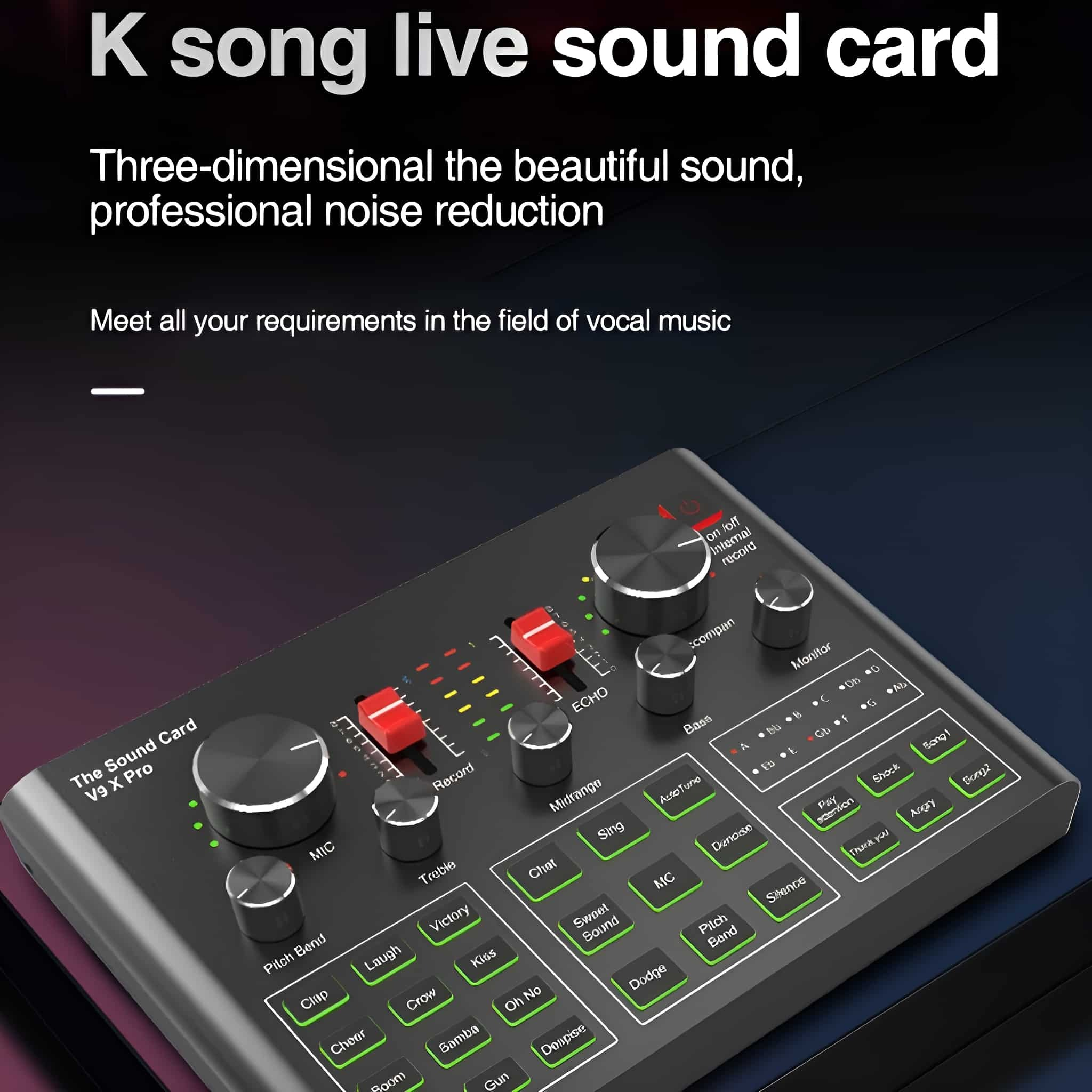 Soundkarte mit mehreren Knöpfen und Schaltern, für Gesangsmusik konzipiert.
