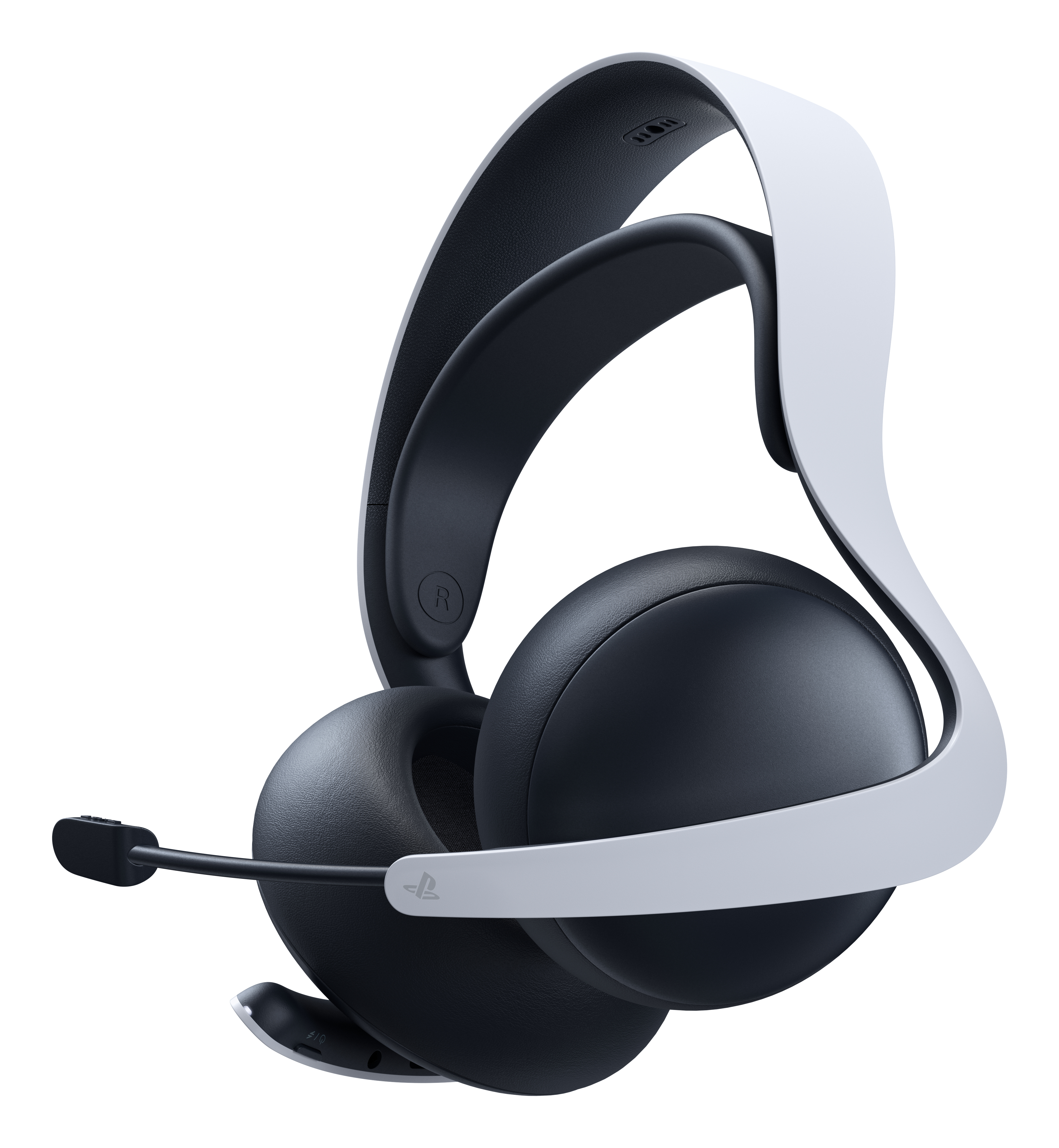 Cuffie PlayStation in bianco e nero con microfono. Le cuffie sono su sfondo bianco.
