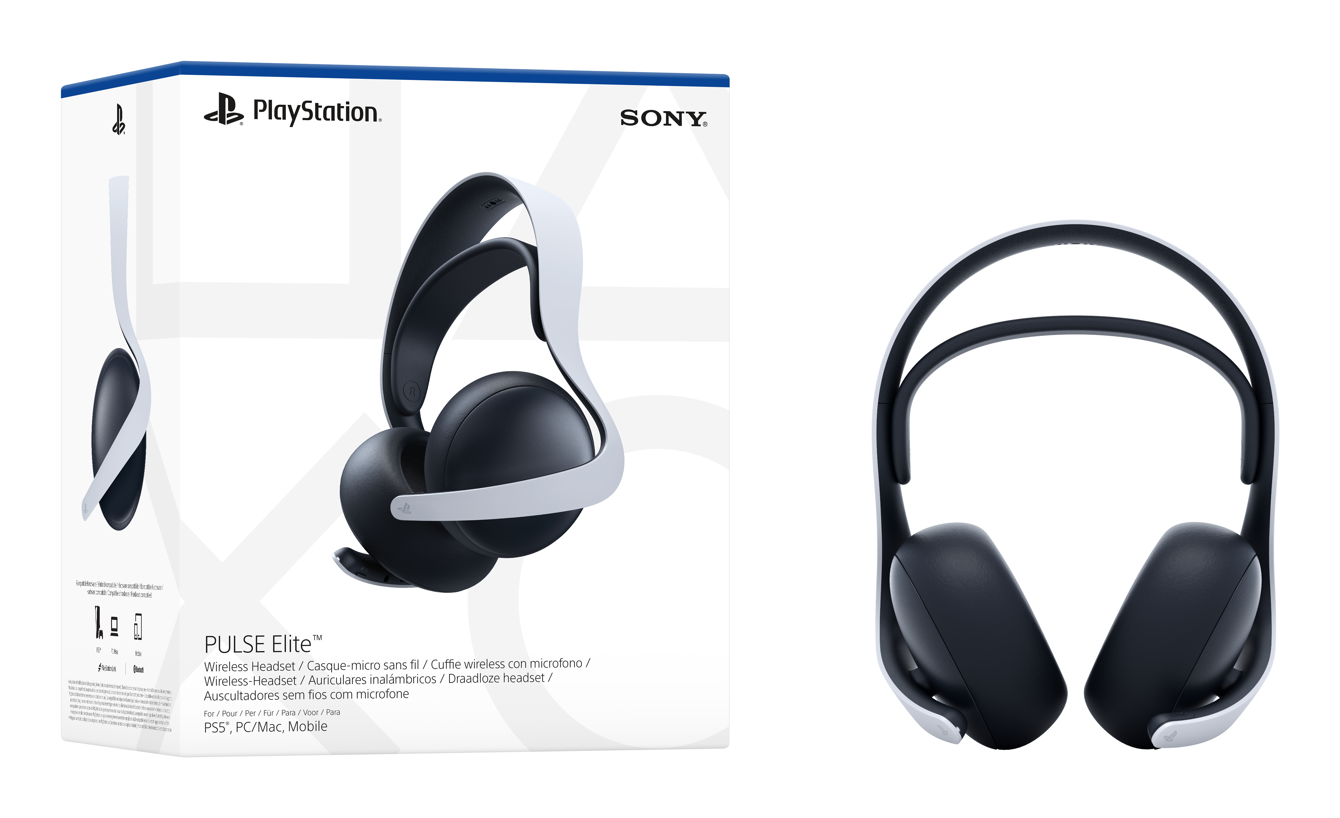 Cuffie PlayStation PULSE Elite in scatola e fuori. Design in bianco e nero.