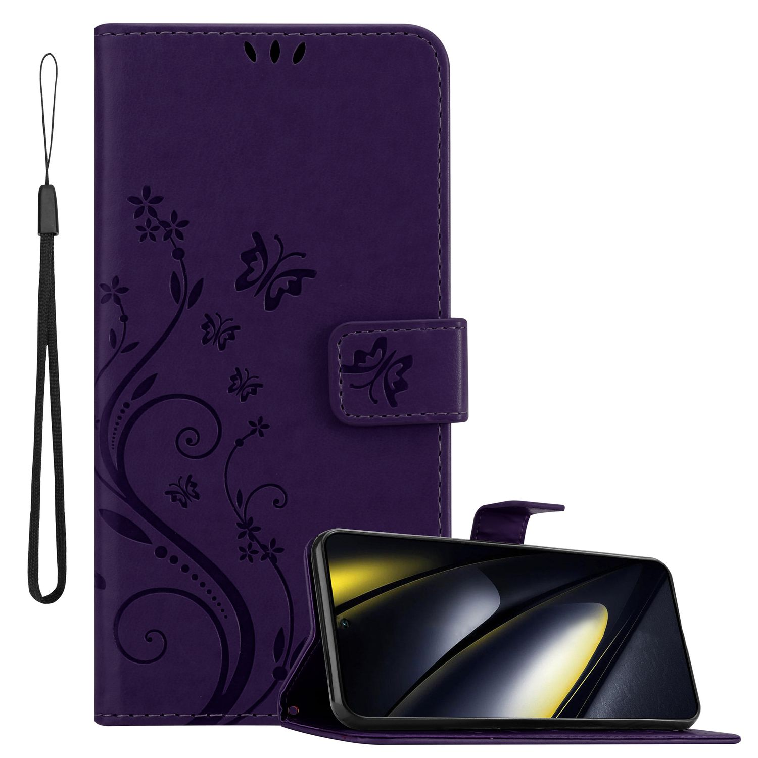 Lila Handyhülle mit Schmetterlingsdesign, ein schwarzes Telefon und ein schwarzer Riemen.