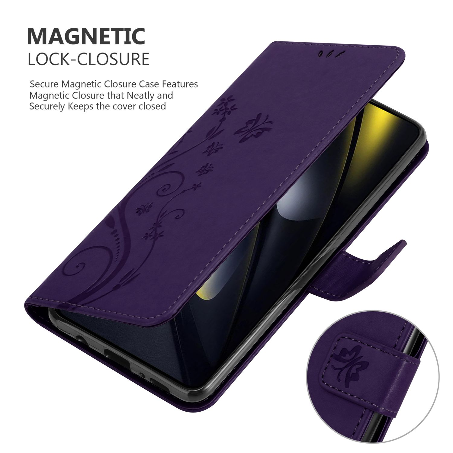Lila Handyhülle mit floralem Design, offen, zeigt ein Handy. Ein Magnetverschluss ist sichtbar.