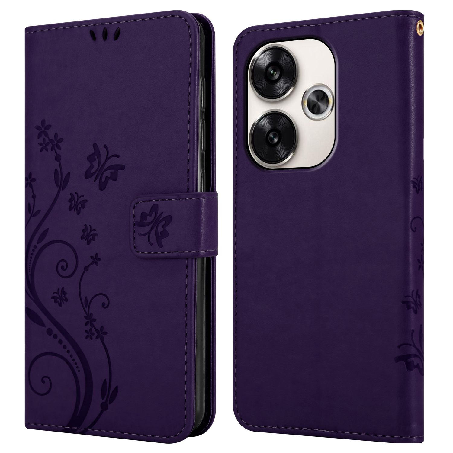 Lila Handyhülle, geschlossen und offen, mit floralem Design. Zeigt die Kameralinsen des Telefons.