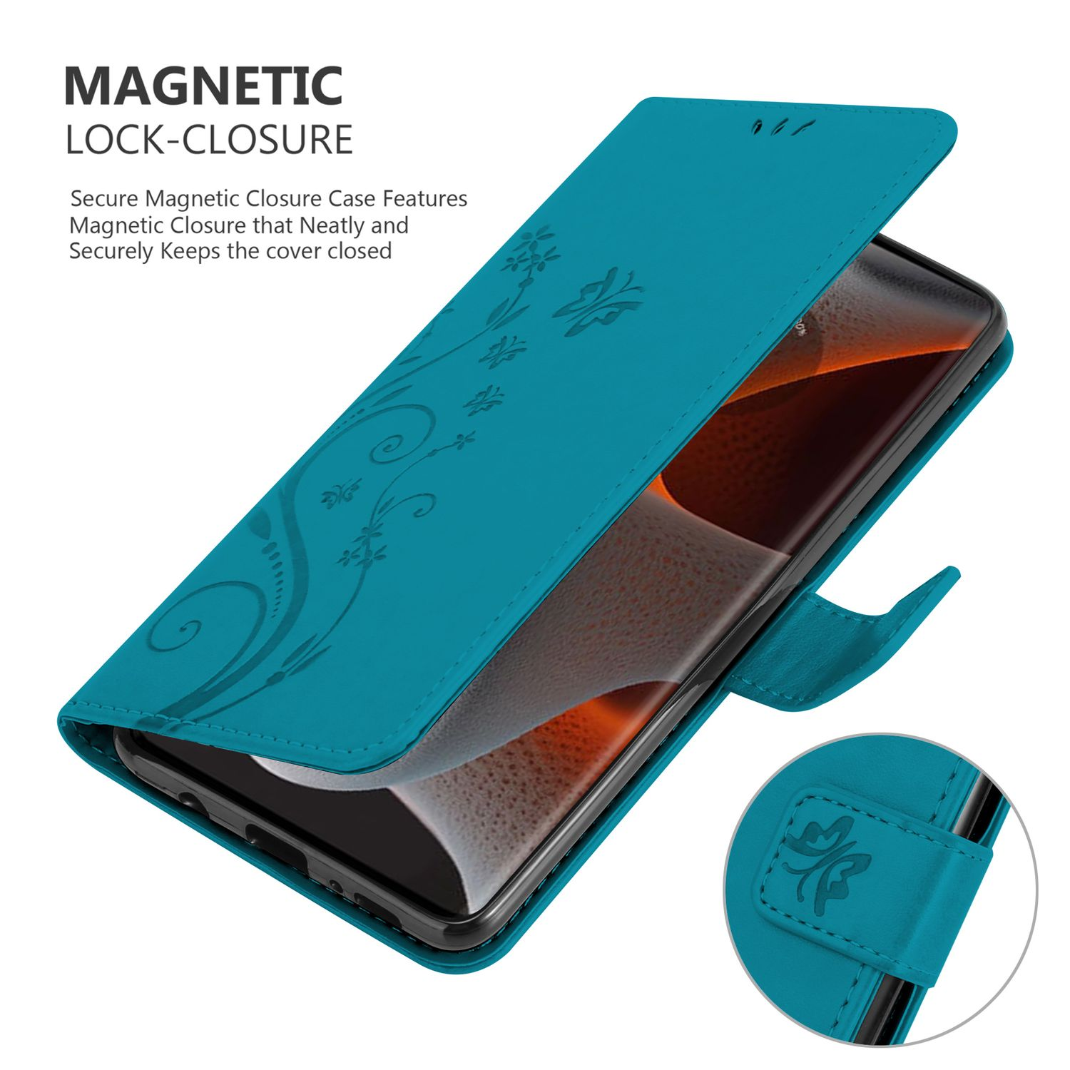 Eine türkisfarbene Handyhülle mit Blumendesign und Magnetverschluss, die ein Telefon hält.