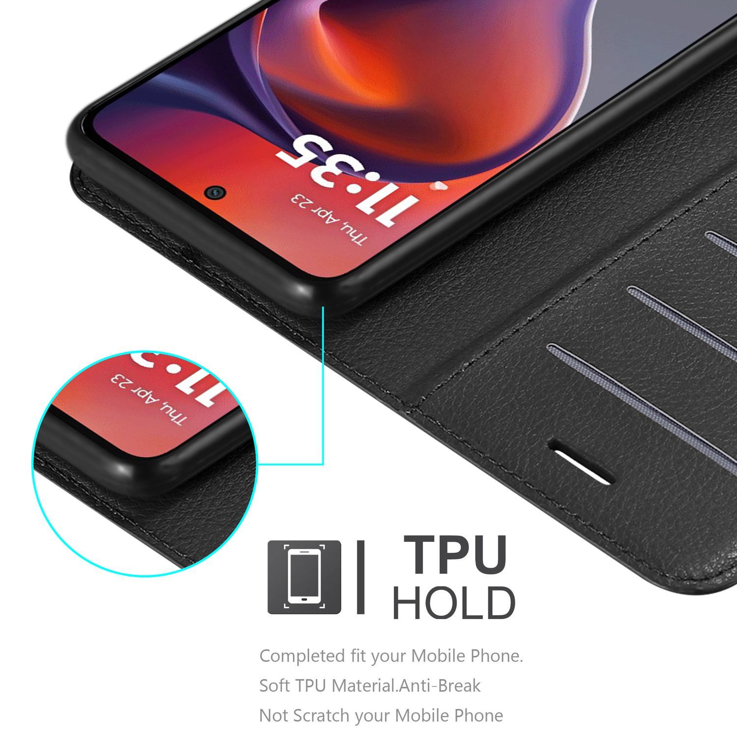 Eine schwarze Handyhülle, offen, mit einem Telefon darin. Die Uhrzeit ist 11:35 Uhr.