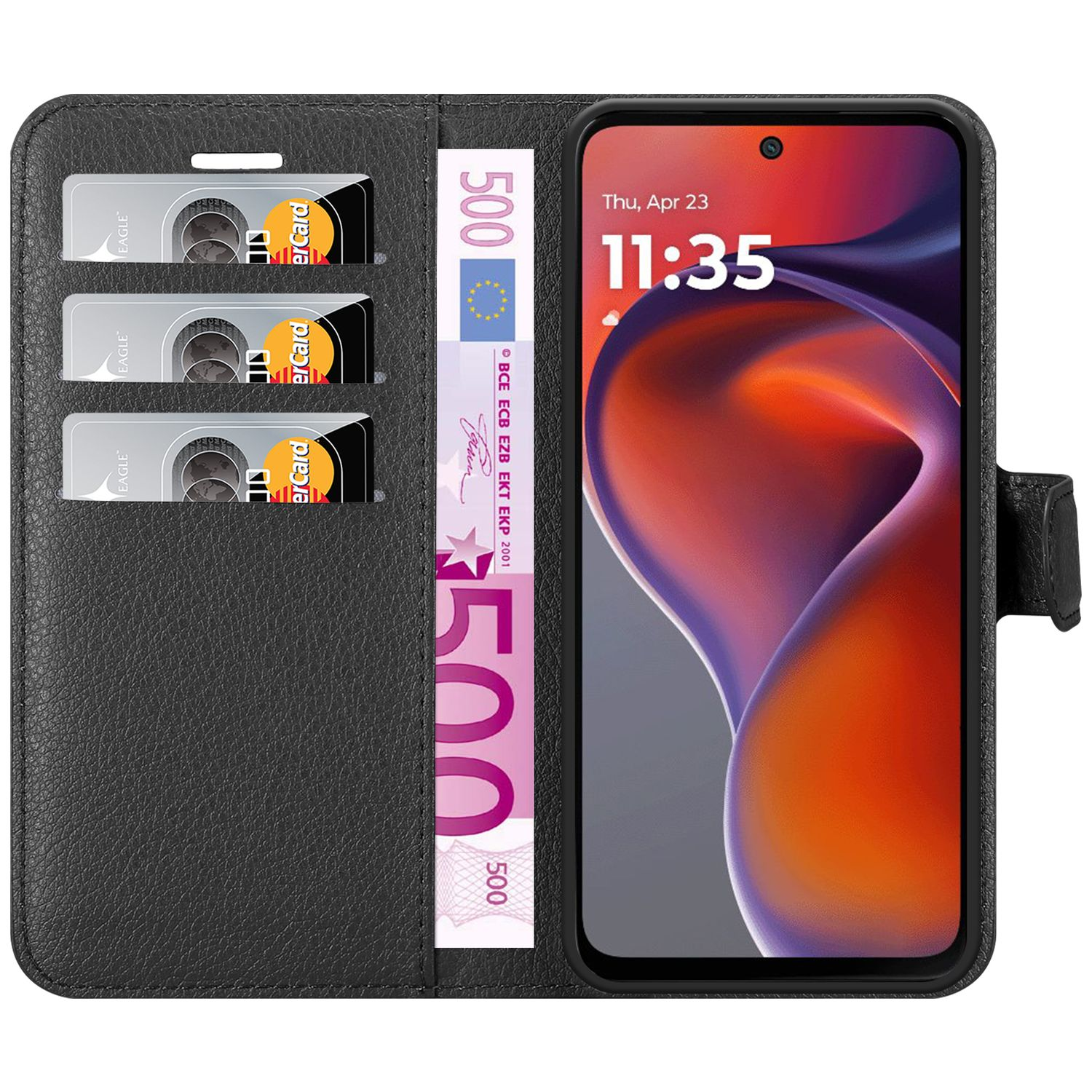 Schwarze offene Handyhülle, mit Karten und Euro-Schein. Telefon zeigt Zeit und Datum.