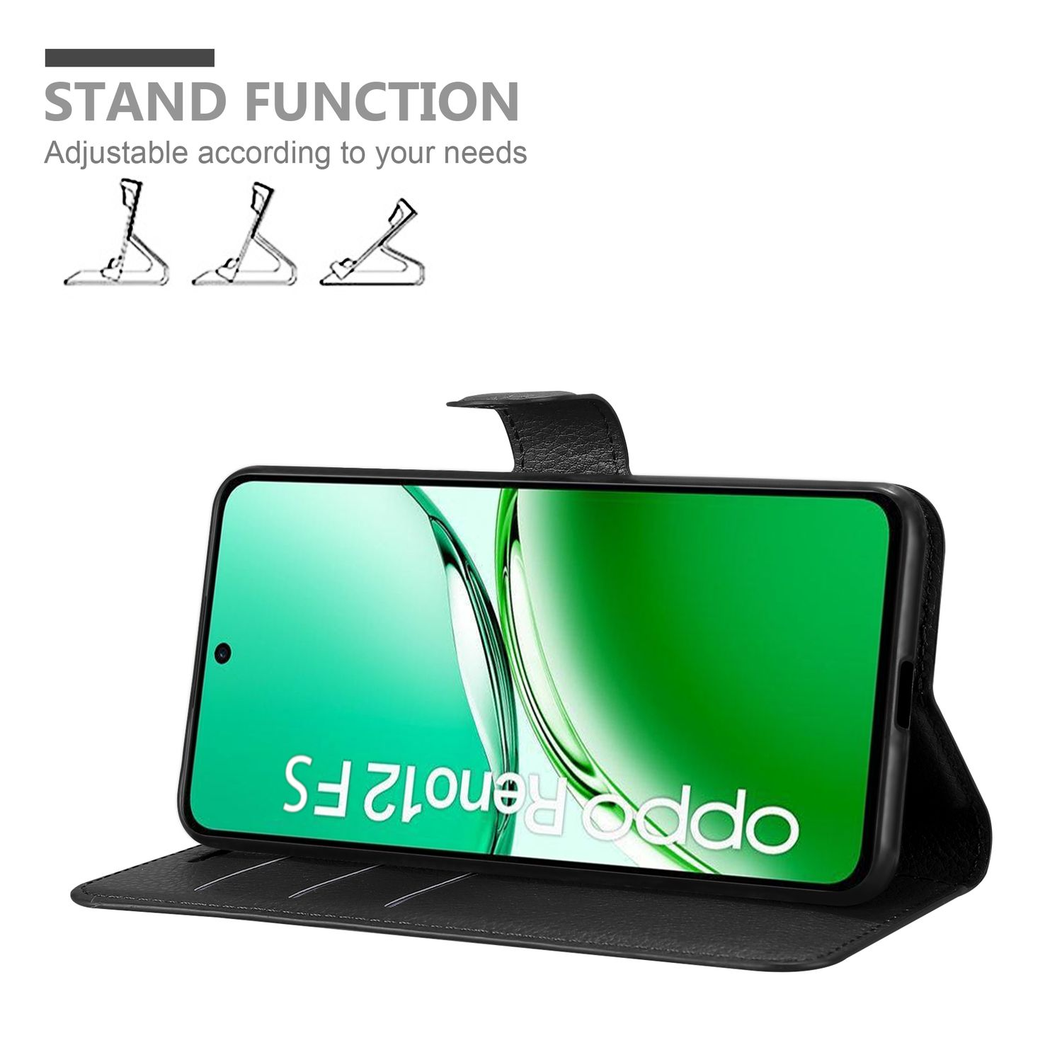 Schwarze Handyhülle offen mit Oppo Reno12 FS, verstellbare Standfunktion.