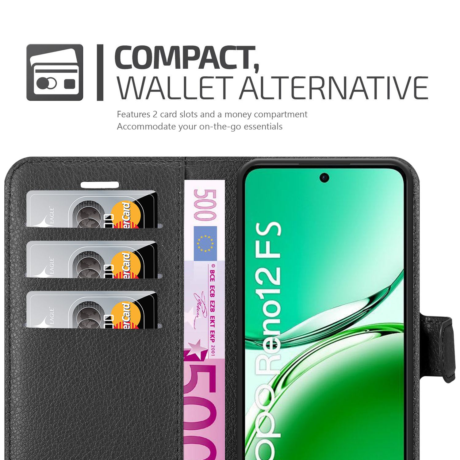 Schwarzes Telefon-Brieftaschenetui, mit Kartenfächern und Geld, und einem Telefon.