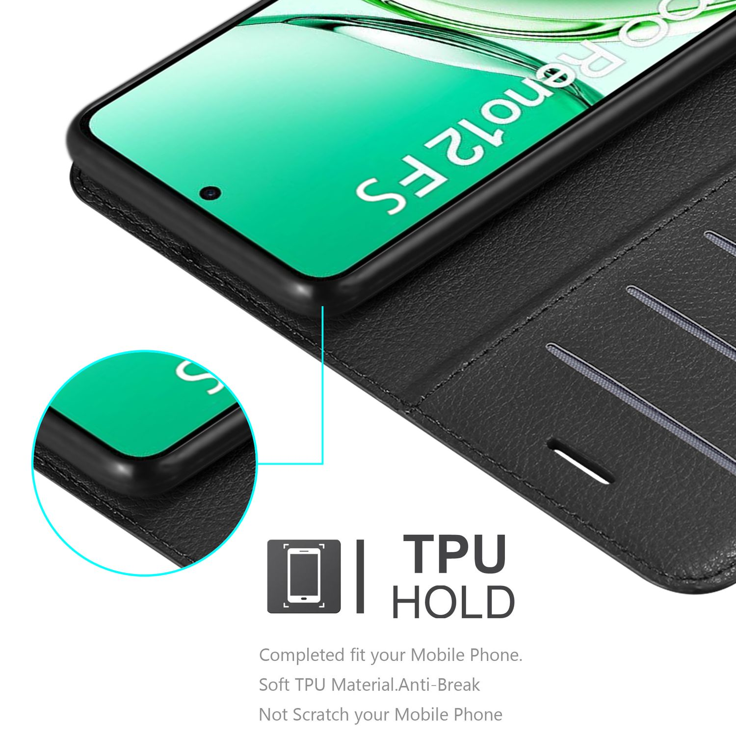 Schwarze Handyhülle mit einem Telefon darin. Es hat eine TPU-Halterungsbeschreibung.