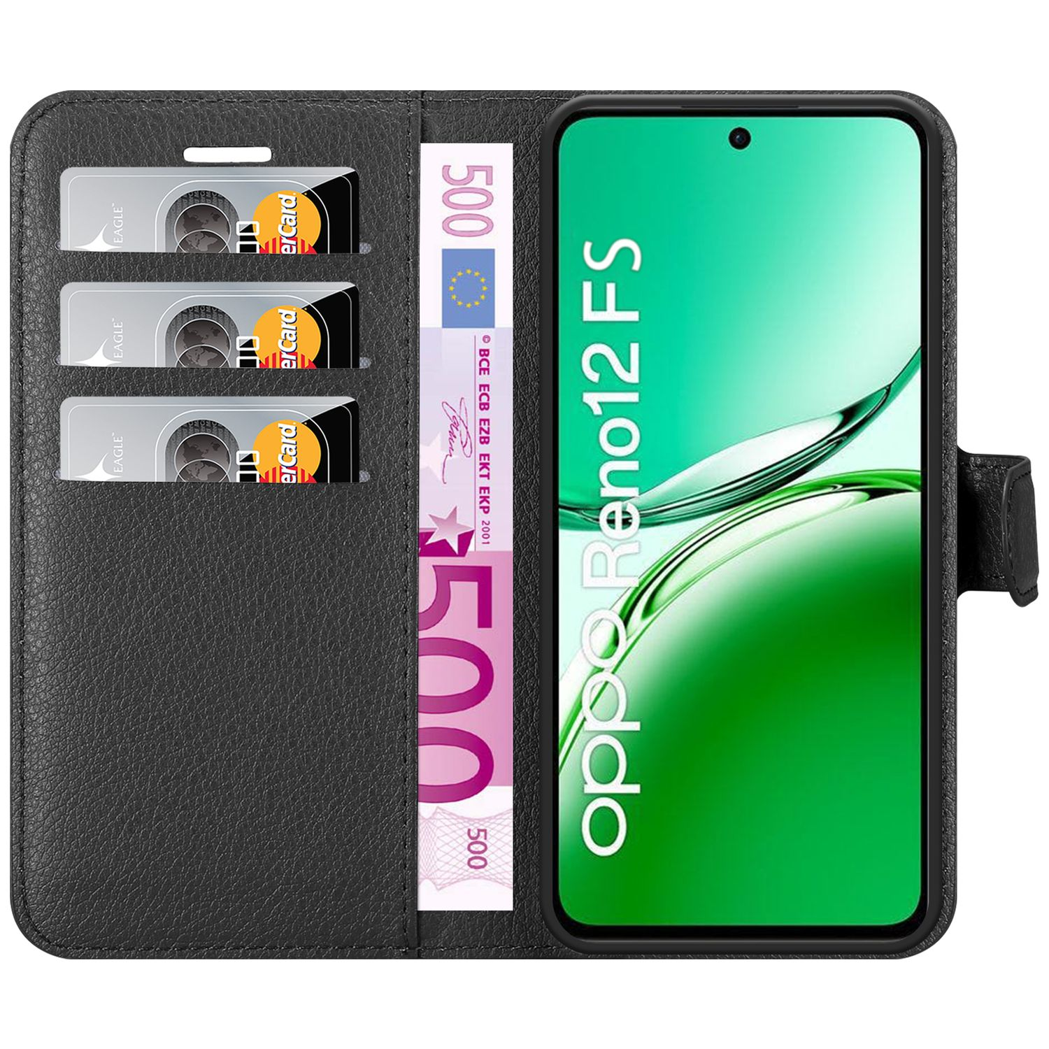 Schwarze Handyhülle mit Kreditkartenfächern und einem 500-Euro-Schein. Ein Telefon ist drin.