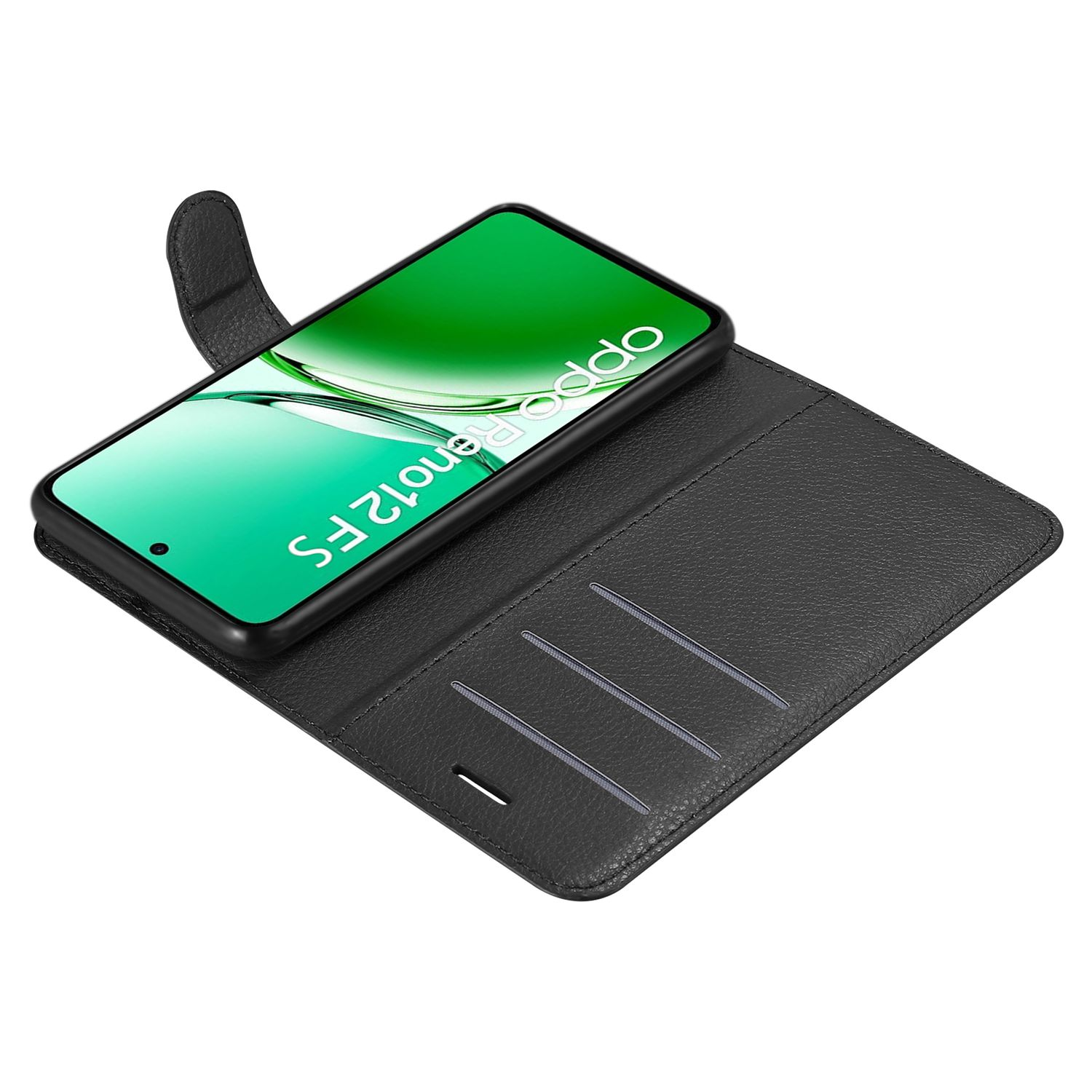 Schwarzes Handycase offen, Telefon innen. Das Telefon sagt Oppo Reno 12 Fs auf dem Bildschirm. Es ist schwarz.