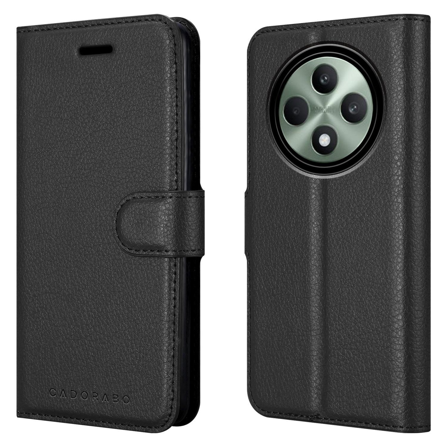 Eine schwarze Handyhülle mit einem Telefon im Inneren. Die Hülle ist geschlossen.