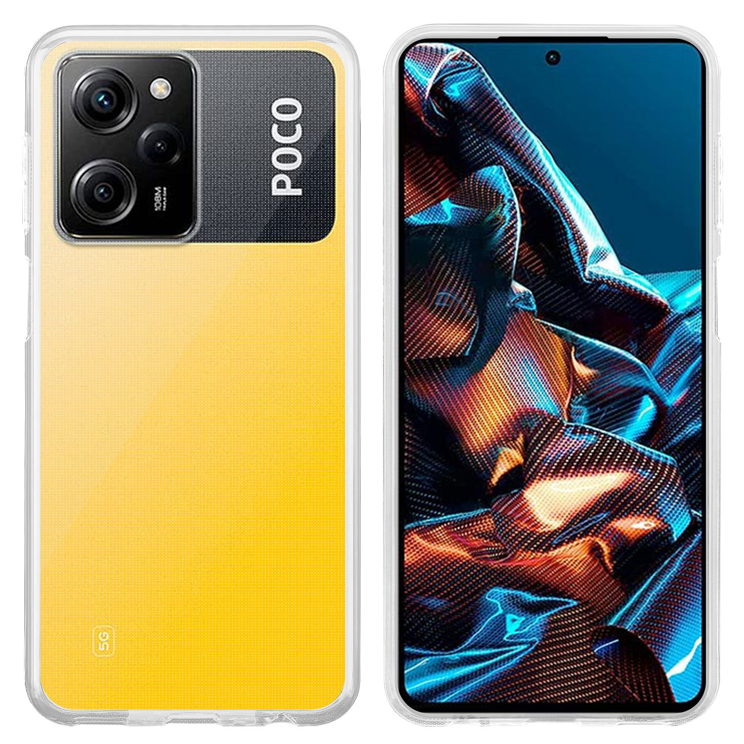 Gelbe Handyhülle mit einem Telefon darin. Das Telefon hat drei Kameras und das POCO-Logo auf der Rückseite.