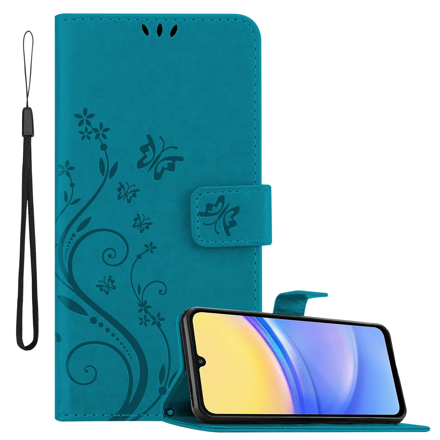Türkisfarbene Handyhülle mit Telefon und Handschlaufe.