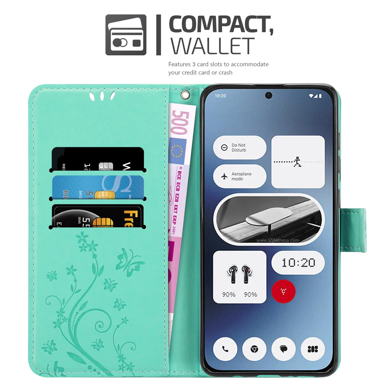 Minzfarbene Handyhülle mit Blumendesign und drei Kartenfächern, einer Rechnung und einem Telefon.
