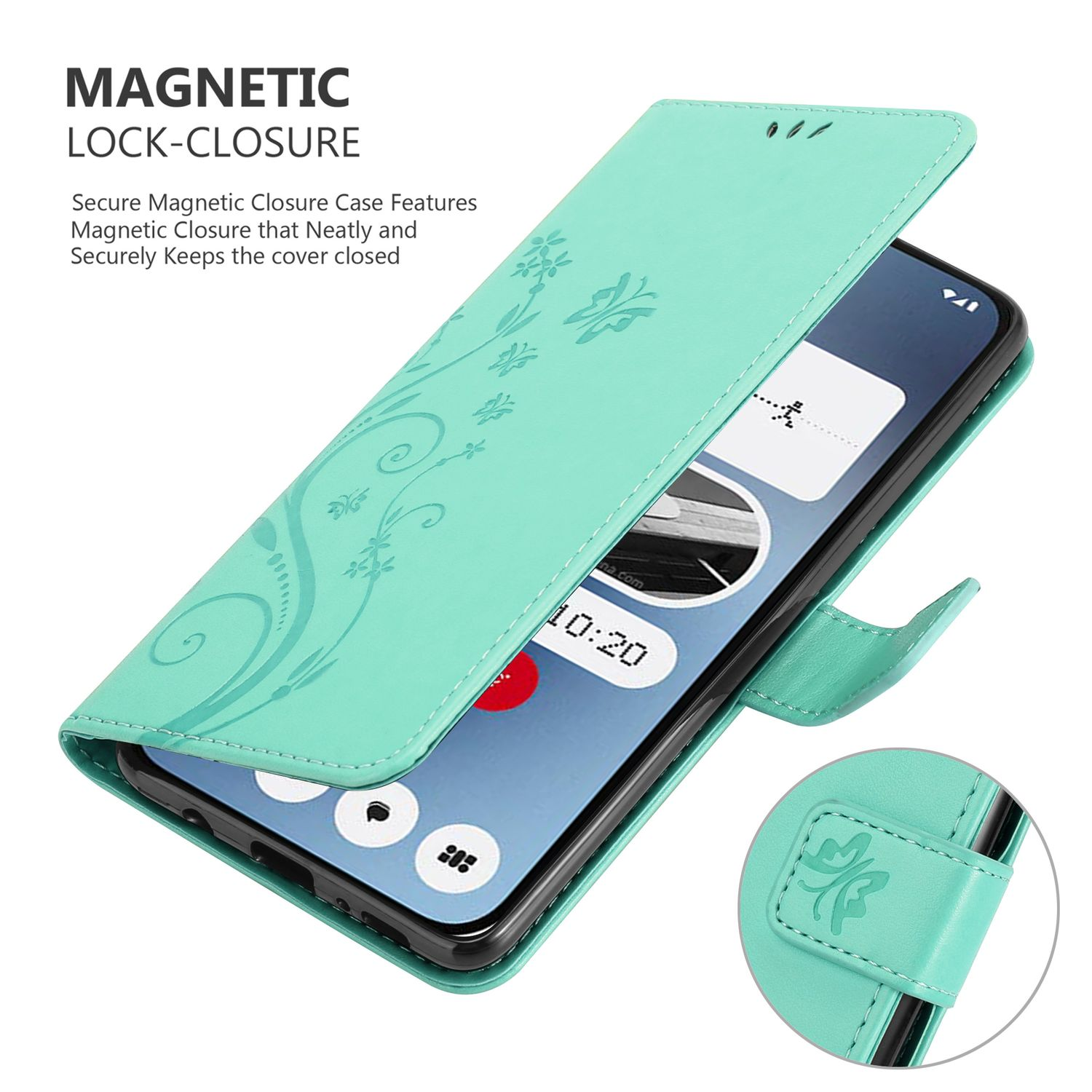 Türkisfarbene Handyhülle geöffnet mit Telefon. Text: 'Magnetischer Verschluss'. Blumendesign vorhanden.