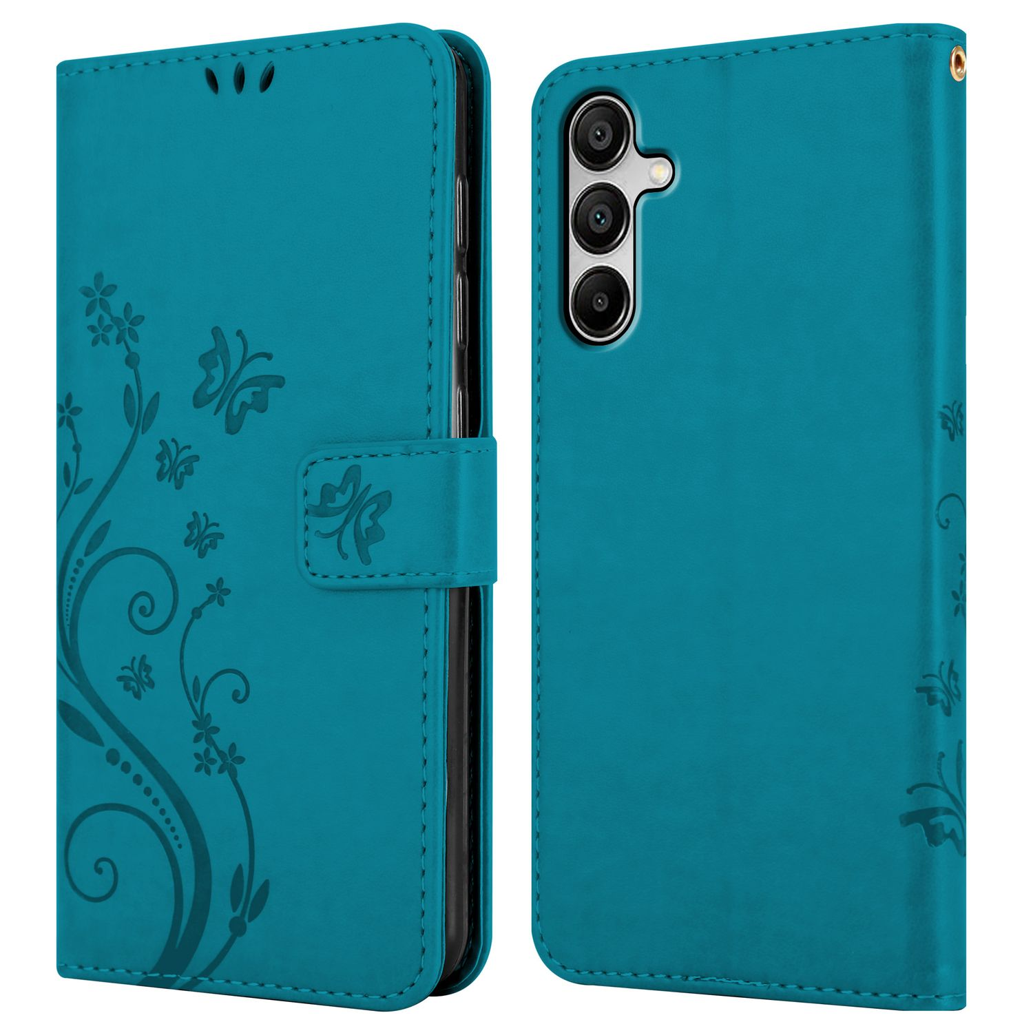 Eine türkisfarbene Handy-Geldbörse mit Blumendesign und einem Telefon darin.