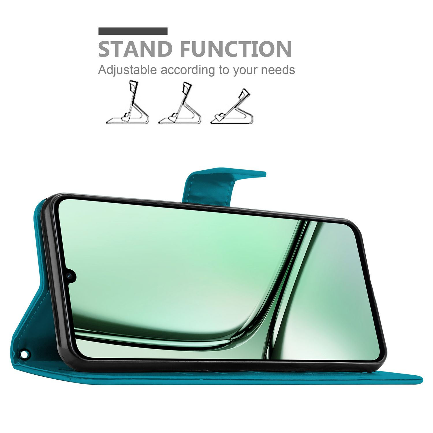 Türkisfarbene Handyhülle mit Standfunktion. Handyscreen sichtbar. Einstellbares Ständerdesign. Weißer Hintergrund.
