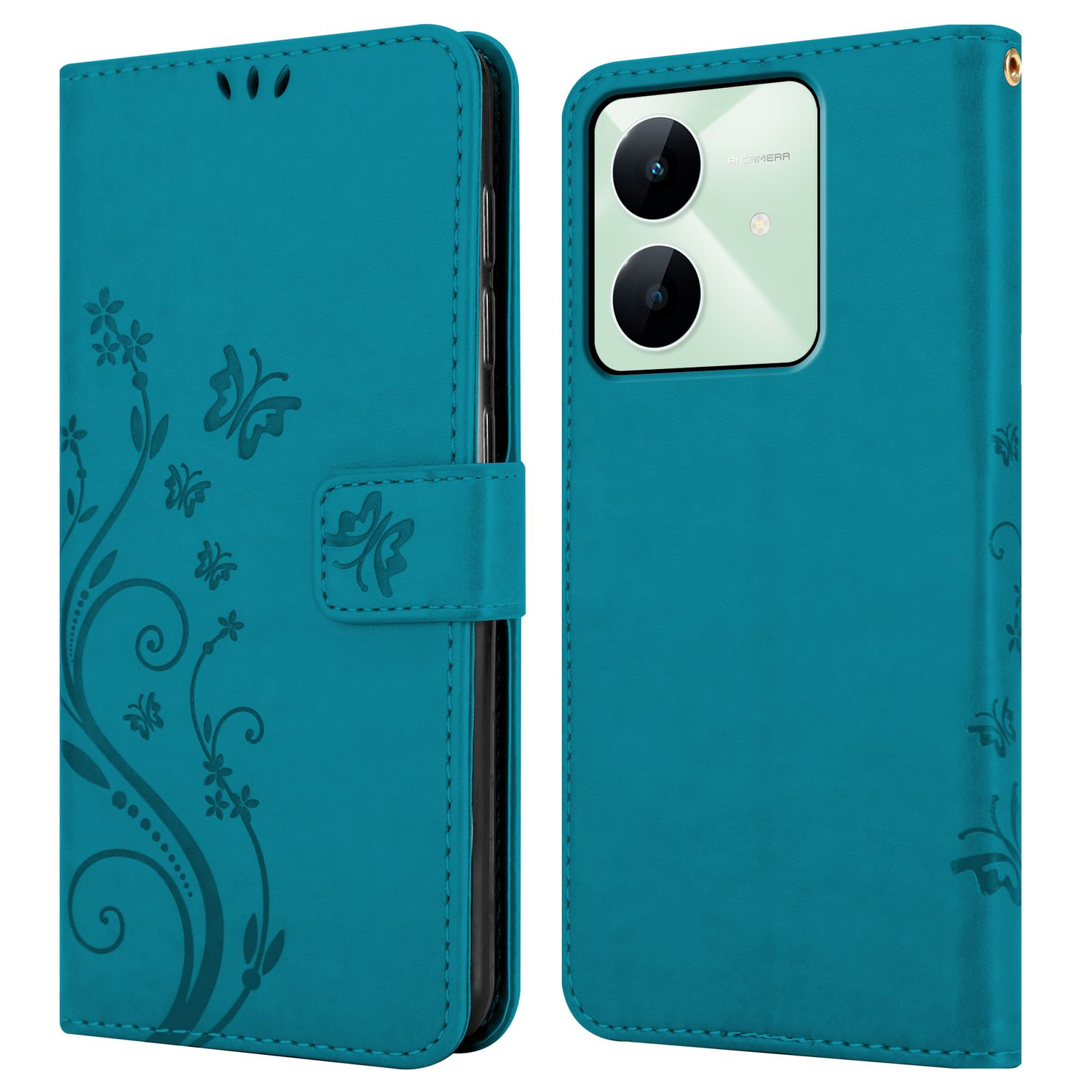 Eine türkisblaue Handyhülle mit floralem Design und Magnetverschluss. Die Handyhülle zeigt eine Handykamera.