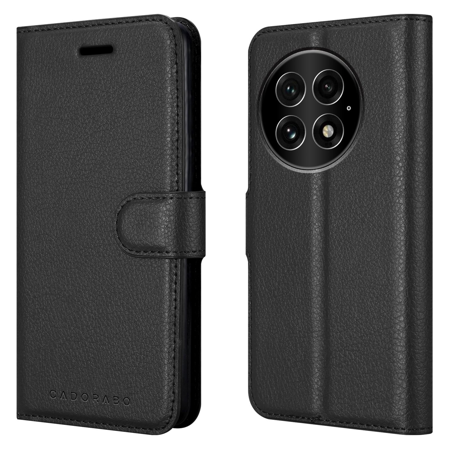 Eine schwarze Leder-Handyhülle, links geschlossen und rechts geöffnet mit Telefon und mehreren Kameras.