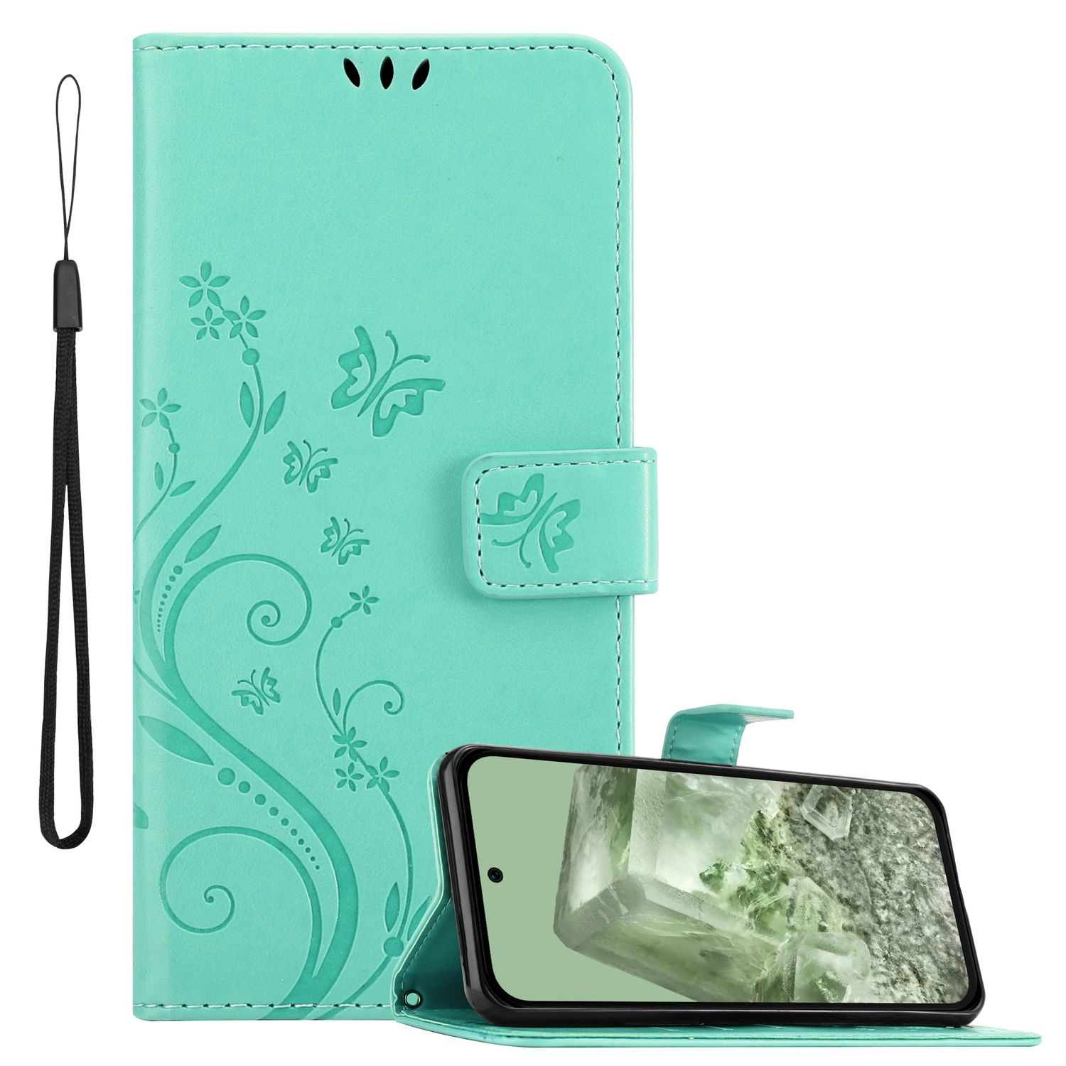 Türkisfarbene Handyhülle mit Telefon. Das Telefon hat ein Blumendesign.